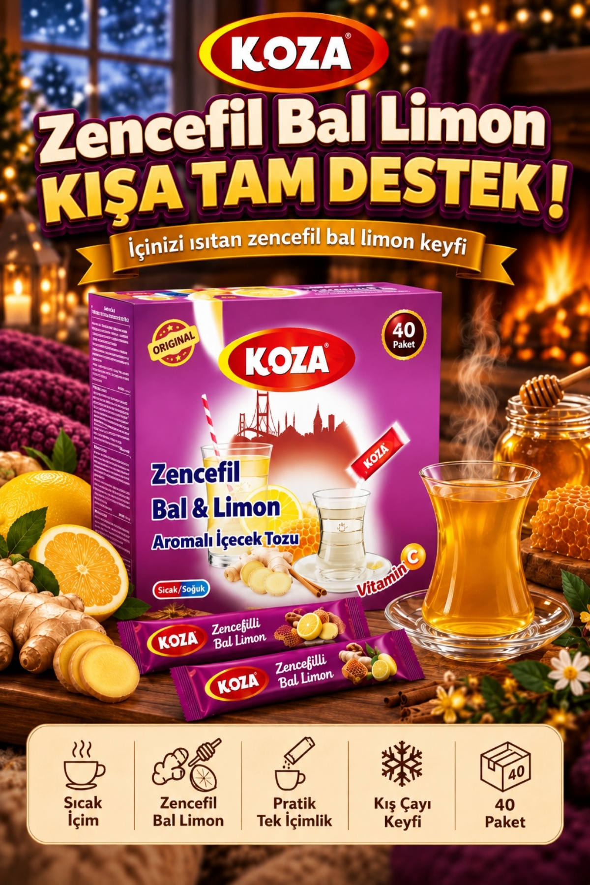 Koza Zencefil Bal Limon Hazır Kış Çayı C Vitaminli Kışa Tam Destek Tek İçimlik Pratik Hazırlanan Gurmelerin Seçimi Oralet İçecek Tozu Premium Kış Meyve Çayı Paketi 40 Stick - İçinizi Isıtan Sıcacık Lezzet