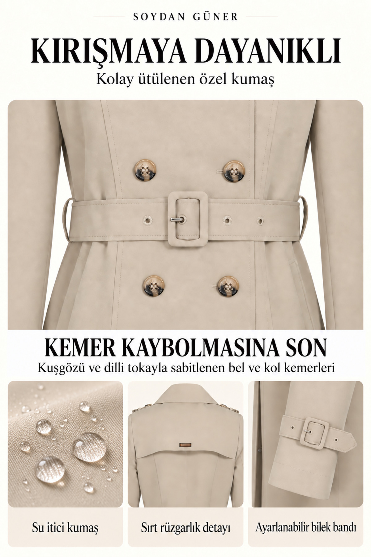 Soydan Güner Kadın Su İtici Kırışmaz Kumaş Ara Boy Trençkot Bej 5777 görsel 3