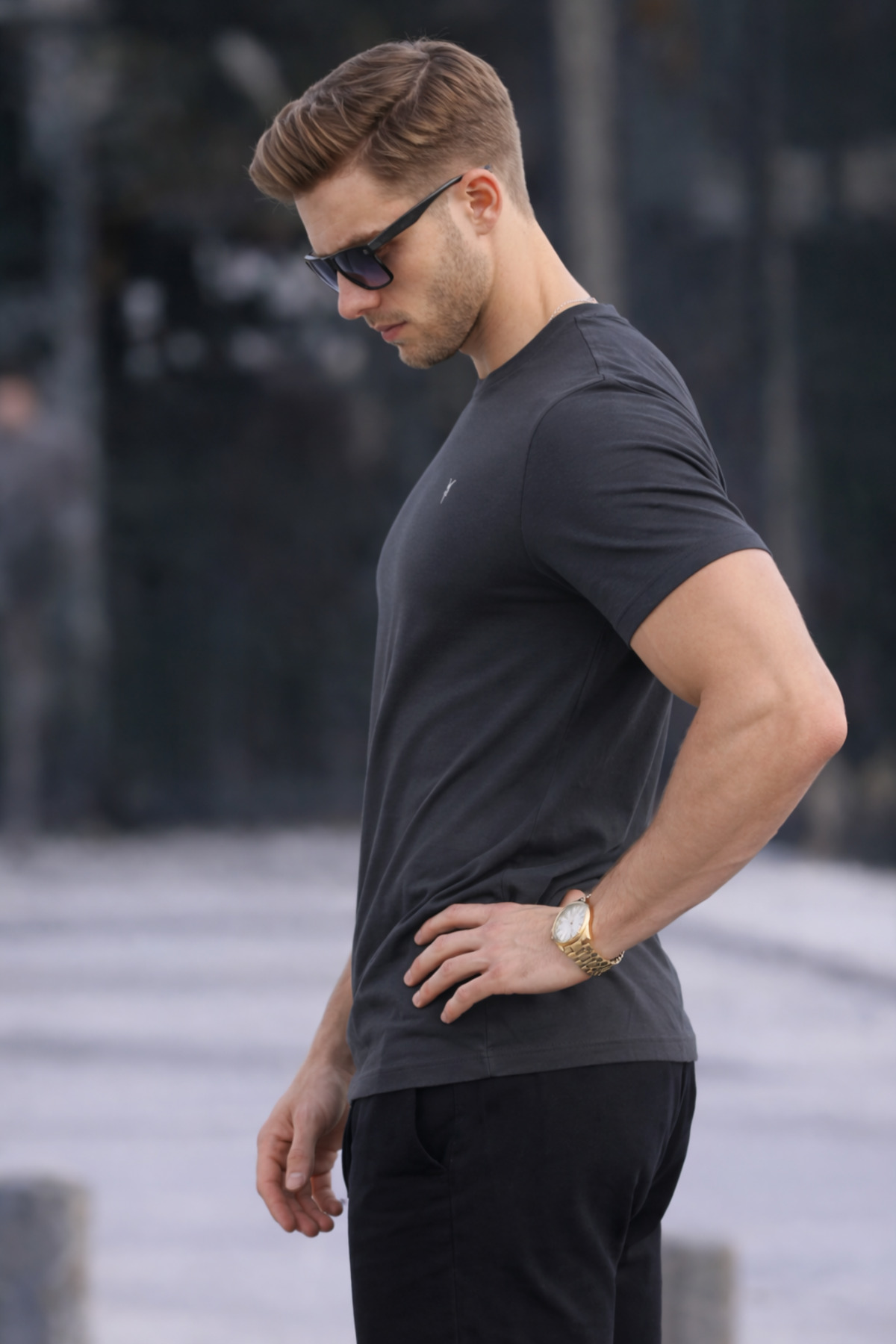 COMBİNE MİCHAİL Erkek Bisiklet Yaka Slim Basic Füme Tişört görsel 5
