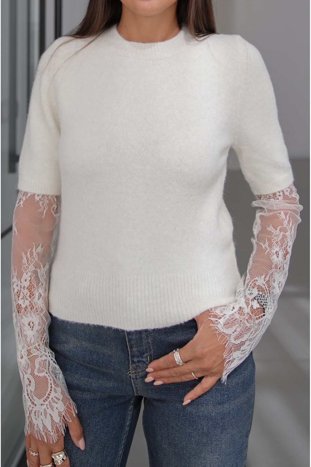 Havoş Ekru Lace Sleeve Kazak görsel 4