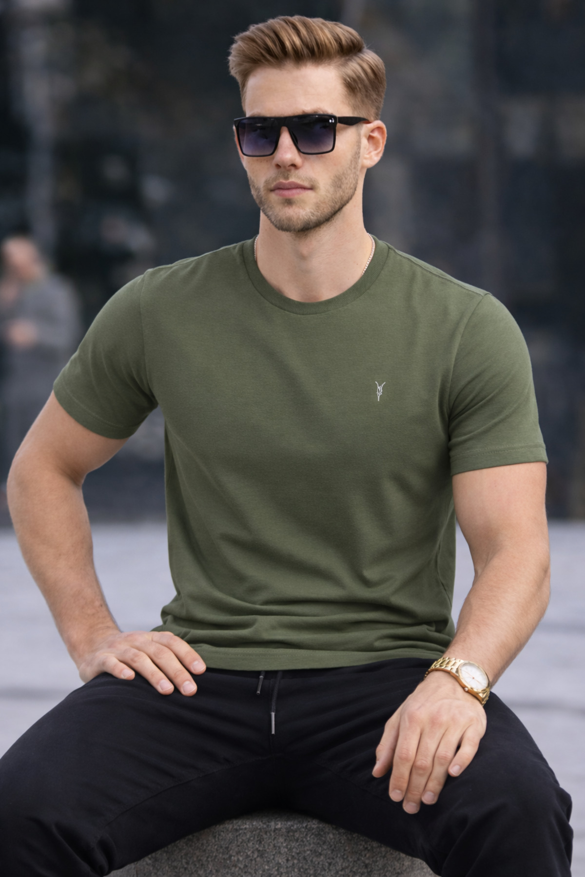 COMBİNE MİCHAİL Erkek Bisiklet Yaka Slim Basic Haki Tişört görsel 4