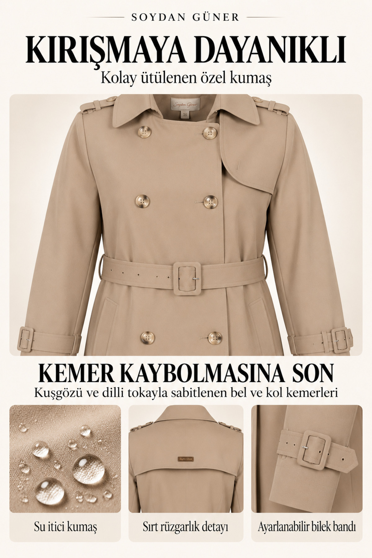 Soydan Güner Su Itici Özellikli Kırışmaz Kumaş Trençkot K.bej 5840 görsel 3