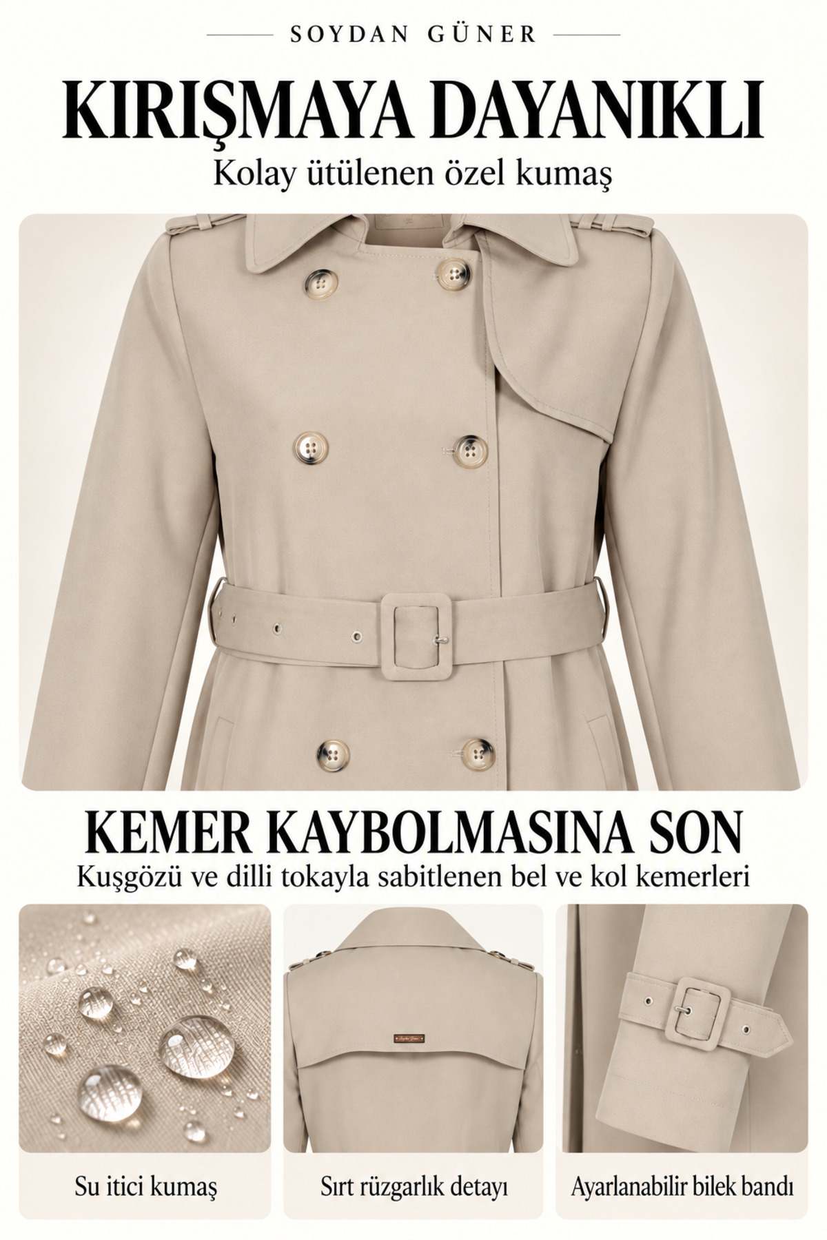 Soydan Güner Su Itici Özellikli Kırışmaz Kumaş Trençkot Bej 5840 görsel 3