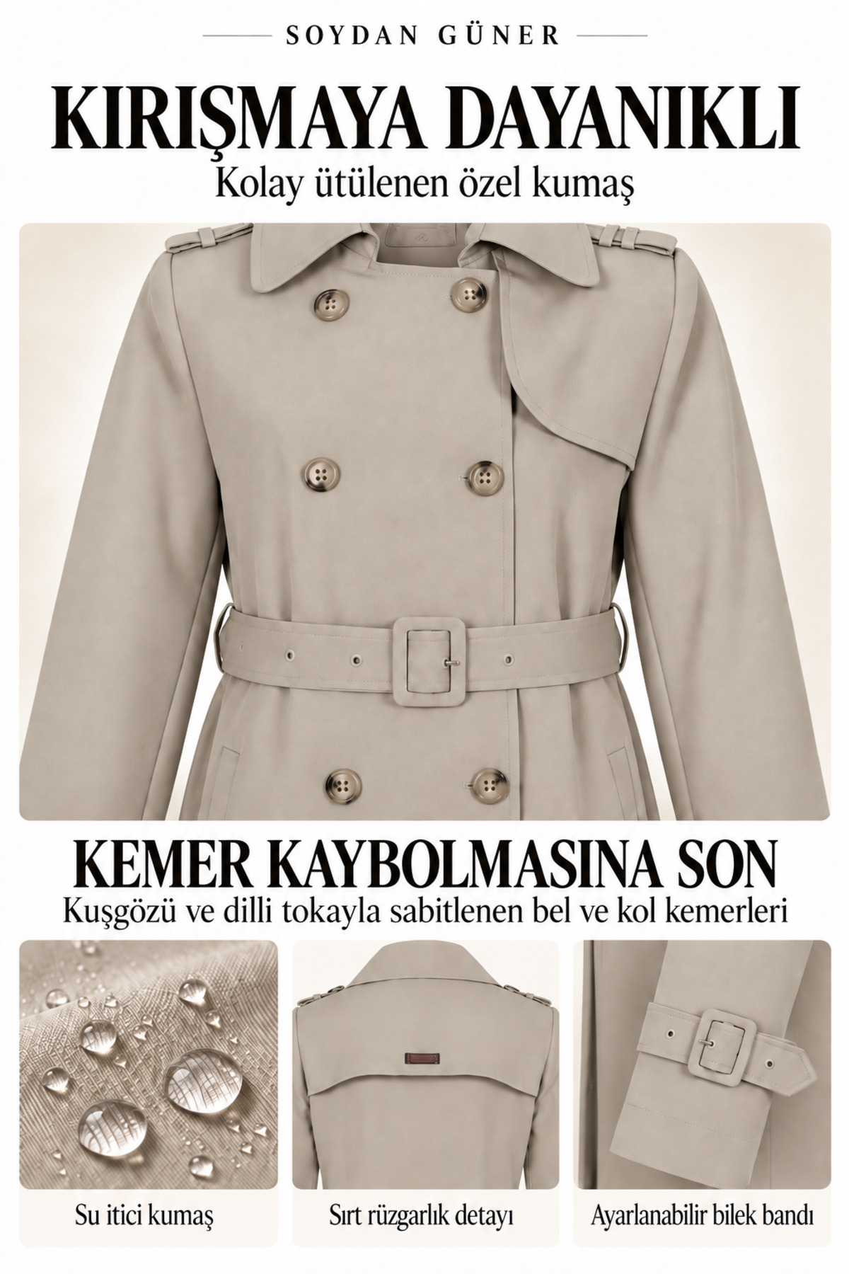 Soydan Güner Su Itici Özellikli Kırışmaz Kumaş Trençkot Kum Beji 5840 görsel 3