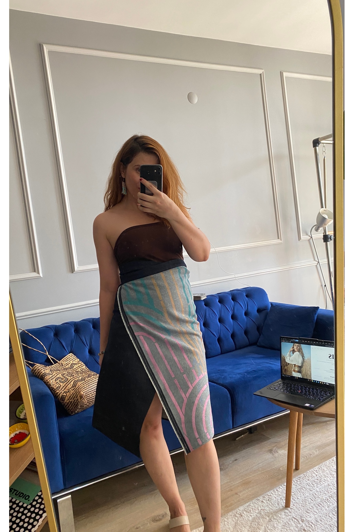 Özel Tasarım Art Deco Baskılı Asimetrik Midi Denim Sarong Stil Kot Etek · Görünüm 5