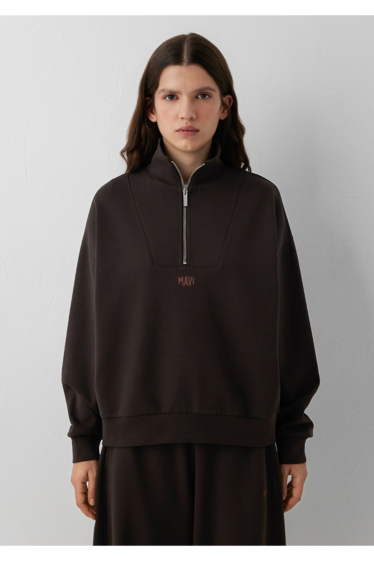 Mavi Yarı Fermuarlı Kahverengi İnterlok Sweatshirt 1S20016-70240 görsel 4