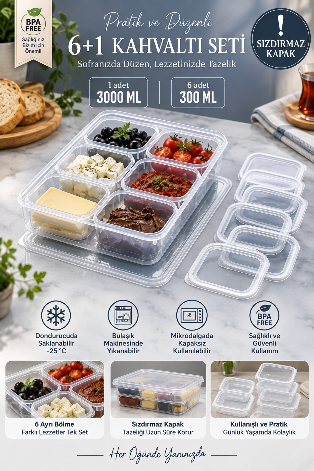 Carat Home 7 Parça Kahvaltılık 6artı1 Sızdırmaz Saklama Kabı