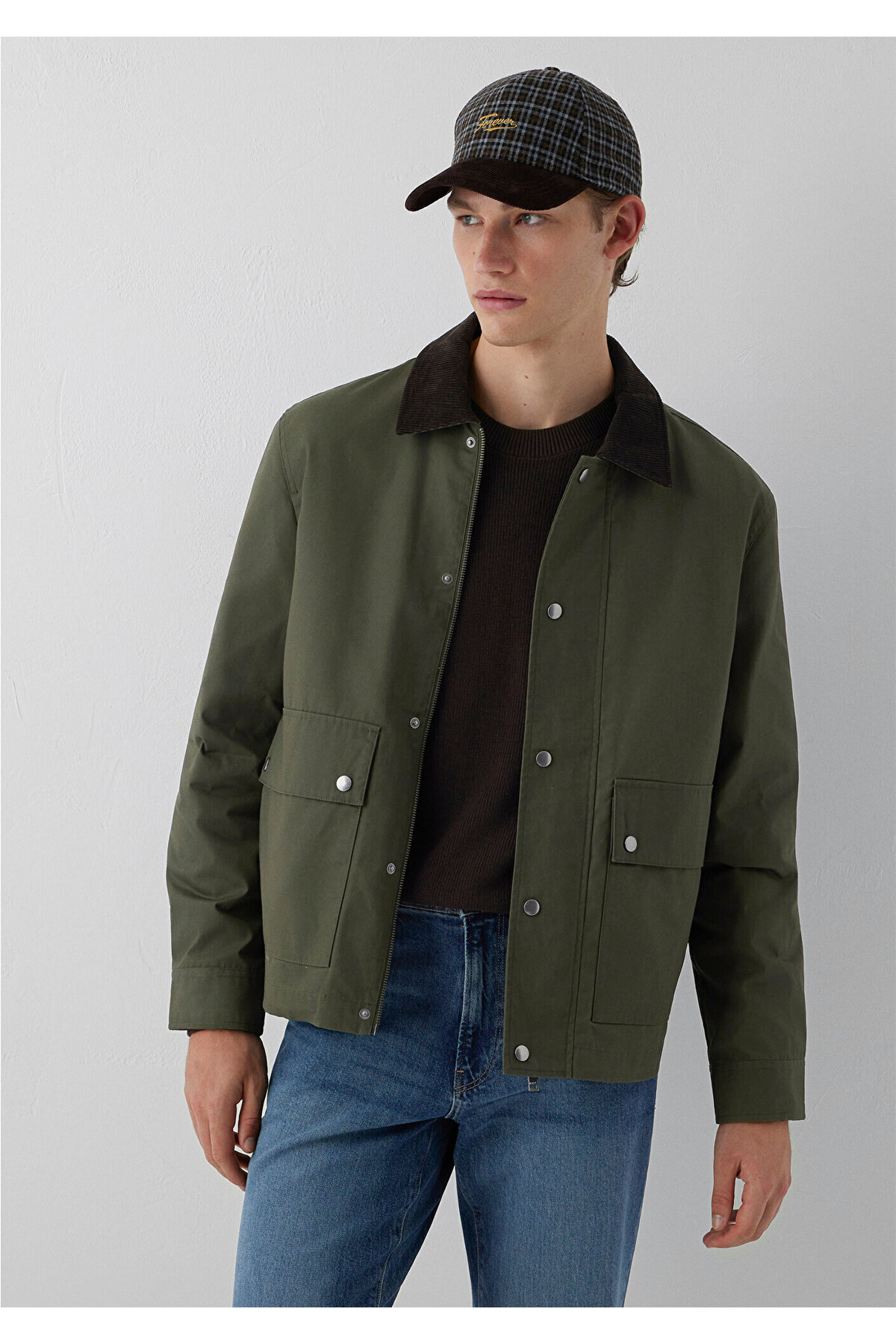 Mavi Kadife Yaka Haki Ceket Loose Fit / Bol Rahat Kesim 0110913-71545 görsel 2