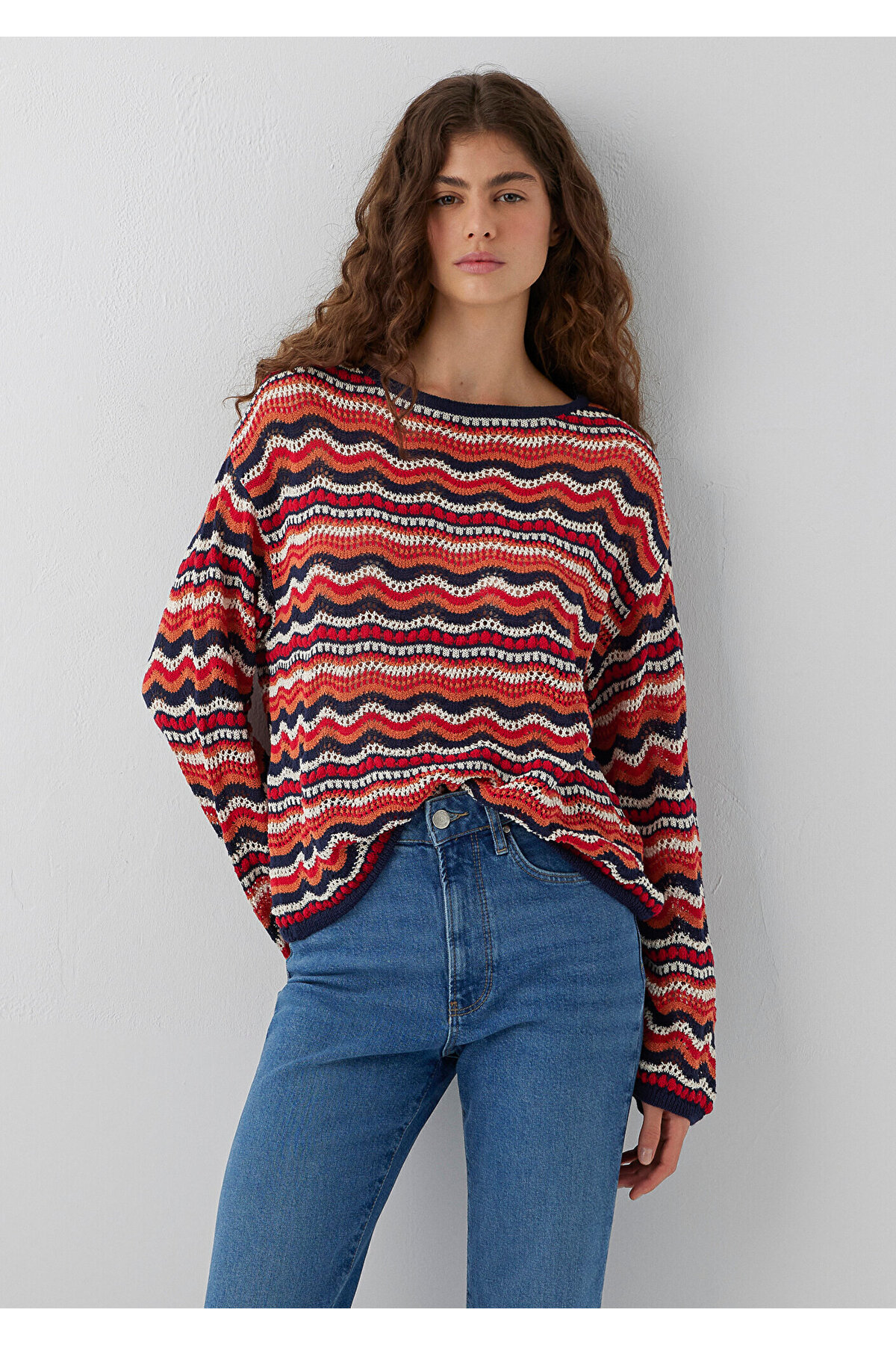 Mavi Turuncu Jakarlı Kazak Loose Fit / Bol Rahat Kesim 1710972-91010 görsel 2