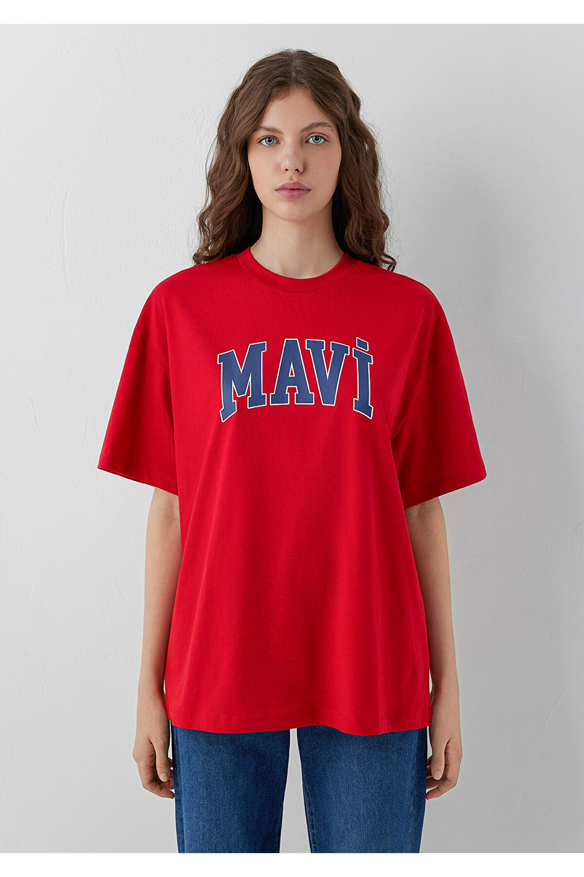 Mavi Logo Baskılı Kırmızı Tişört Oversize / Geniş Kesim 1600843-86417 görsel 2