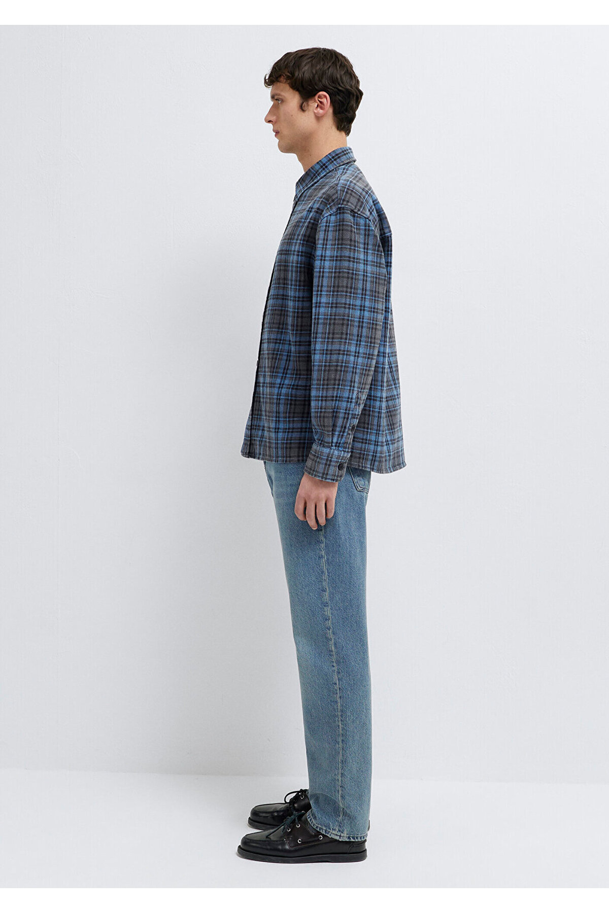 Mavi Lacivert Ekose Gömlek Oversize / Geniş Kesim 0211906-91453 görsel 4