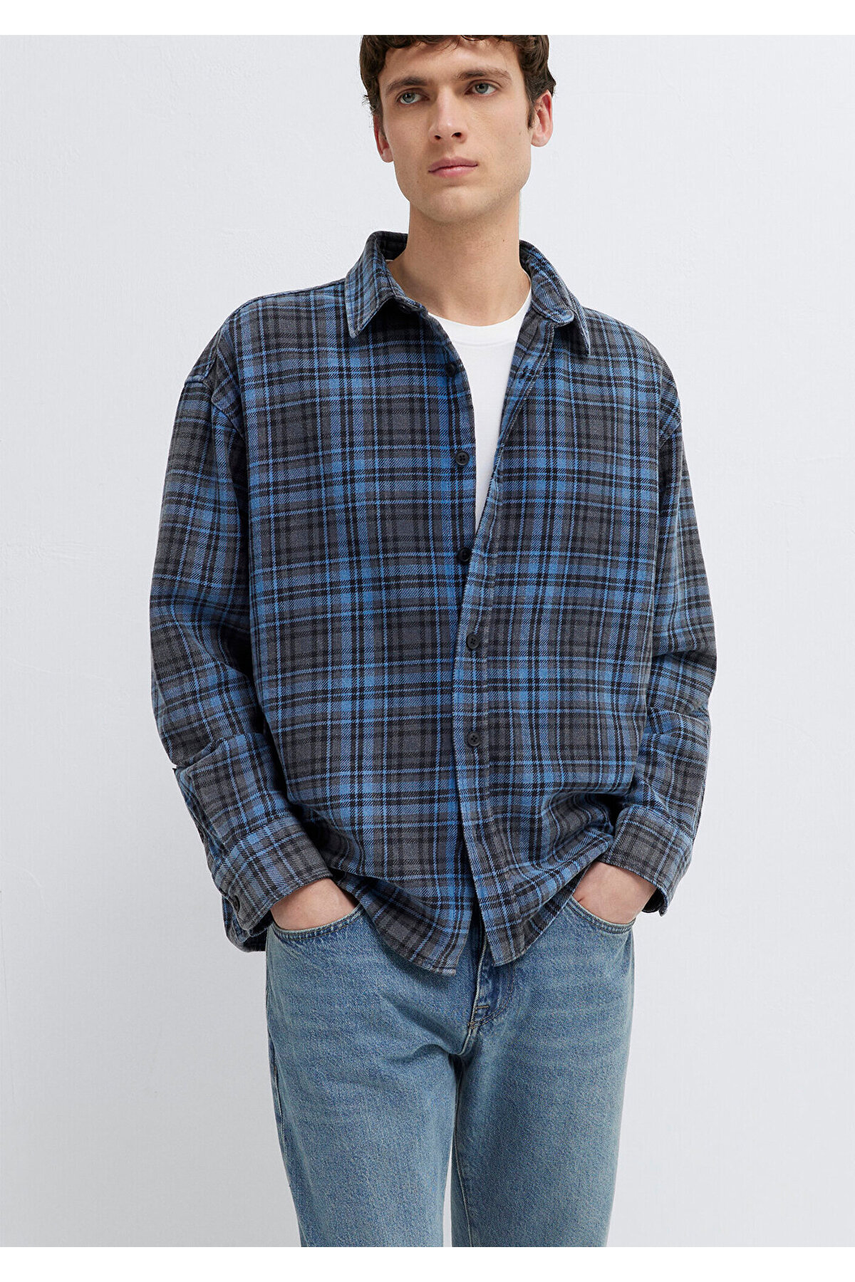 Mavi Lacivert Ekose Gömlek Oversize / Geniş Kesim 0211906-91453 görsel 3