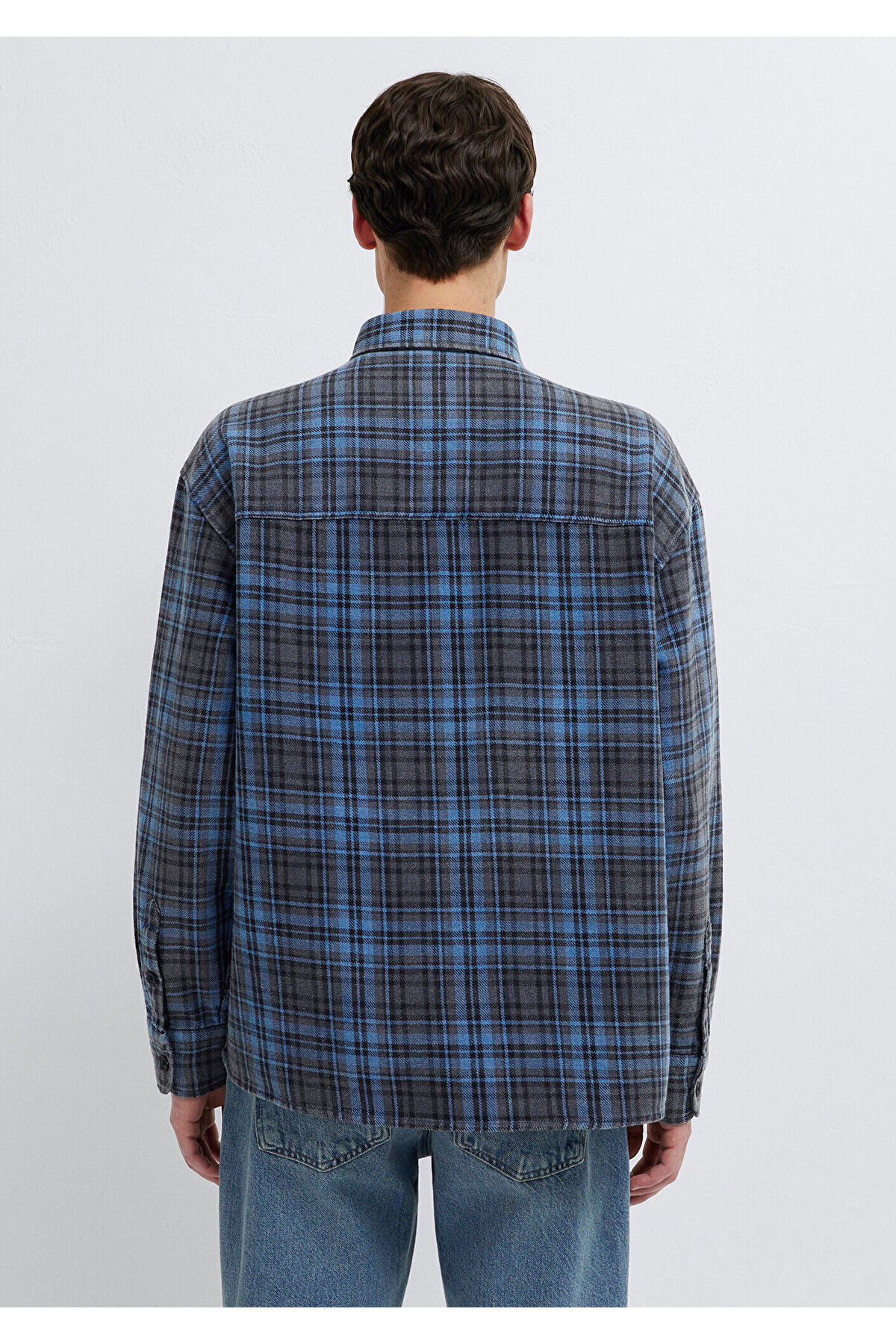 Mavi Lacivert Ekose Gömlek Oversize / Geniş Kesim 0211906-91453 görsel 6