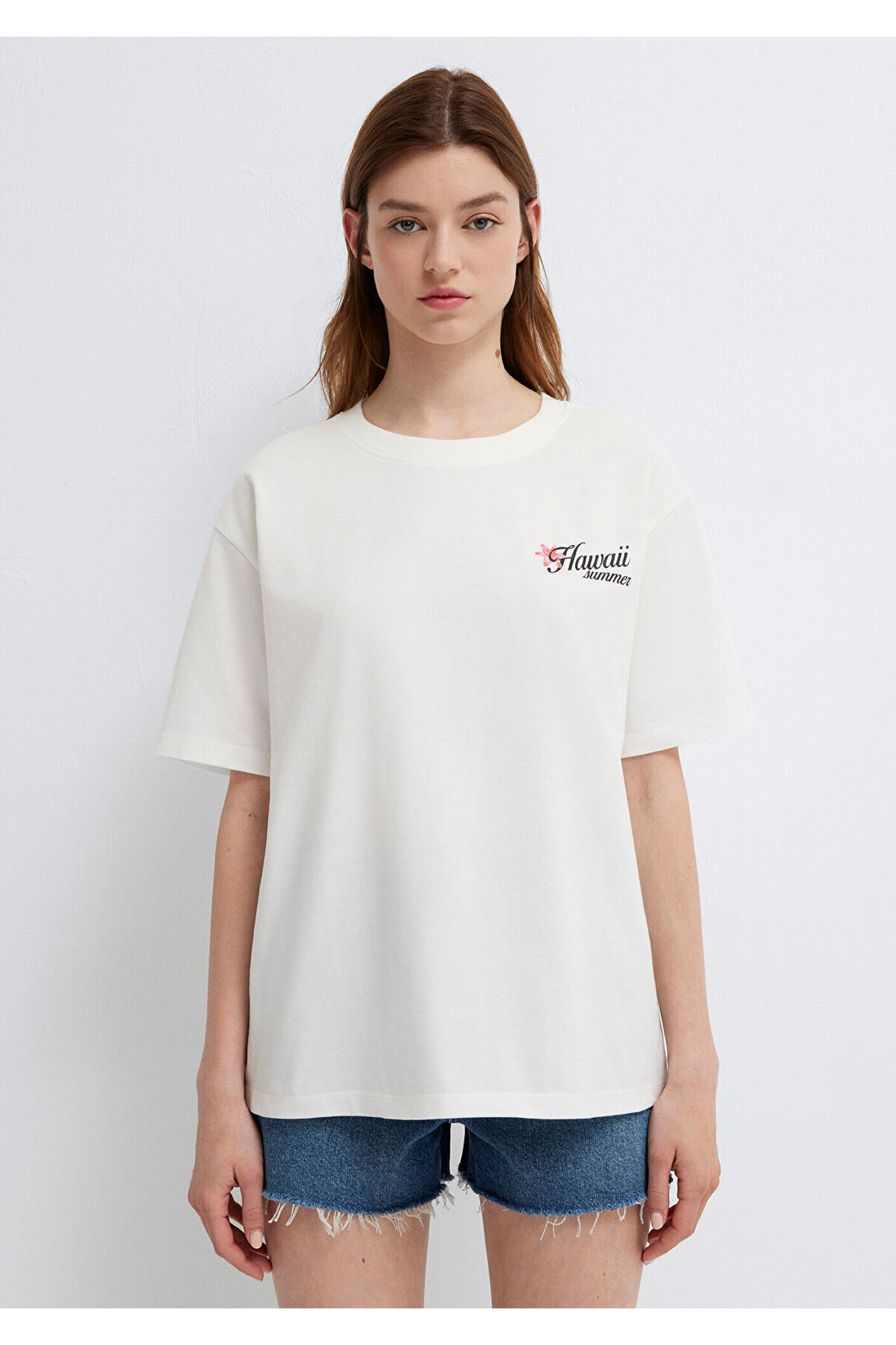 Mavi Çiçek Sırt Baskılı Ekru Tişört Loose Fit / Bol Rahat Kesim 1613925-70057 görsel 4