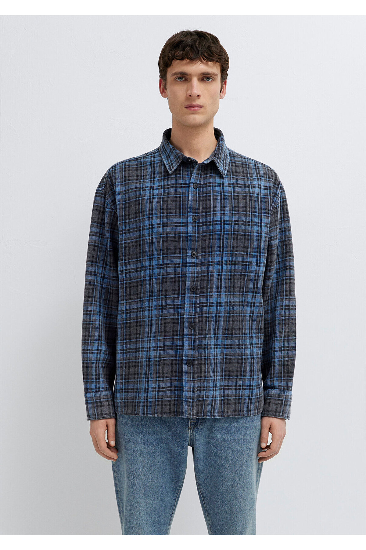 Mavi Lacivert Ekose Gömlek Oversize / Geniş Kesim 0211906-91453 görsel 5