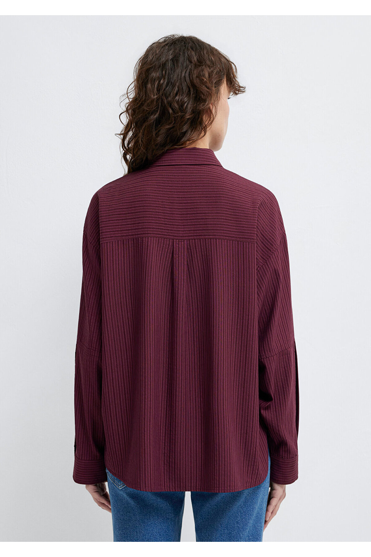 Mavi Çizgili Bordo Gömlek Oversize / Geniş Kesim 1210878-70434 görsel 5