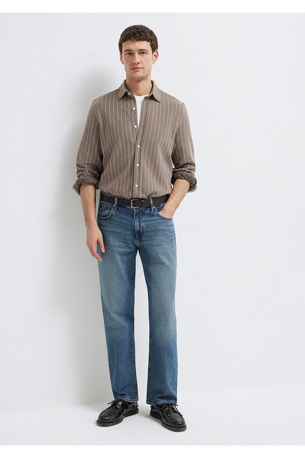Mavi Çizgili Kahverengi Gömlek Regular Fit / Normal Kesim 0211998-91553 görsel 2