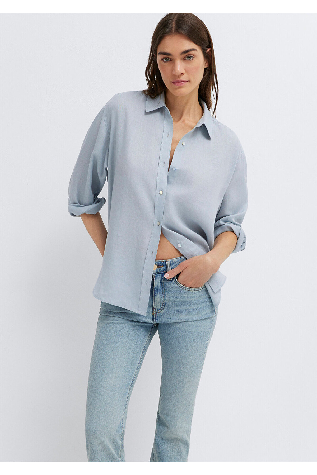 Mavi Açık Keten Gömlek Loose Fit / Bol Rahat Kesim 1210747-70802 görsel 2