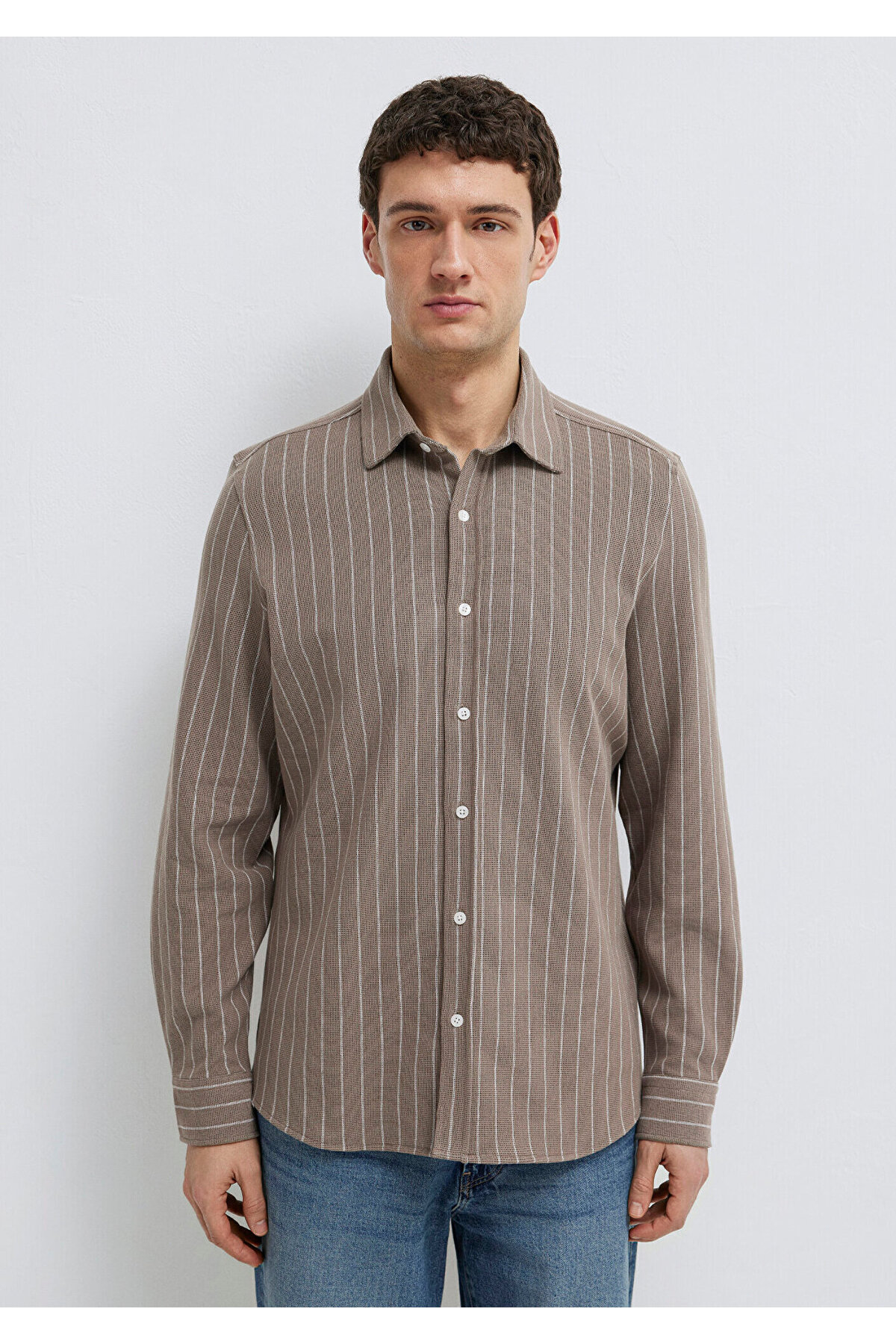 Mavi Çizgili Kahverengi Gömlek Regular Fit / Normal Kesim 0211998-91553 görsel 3