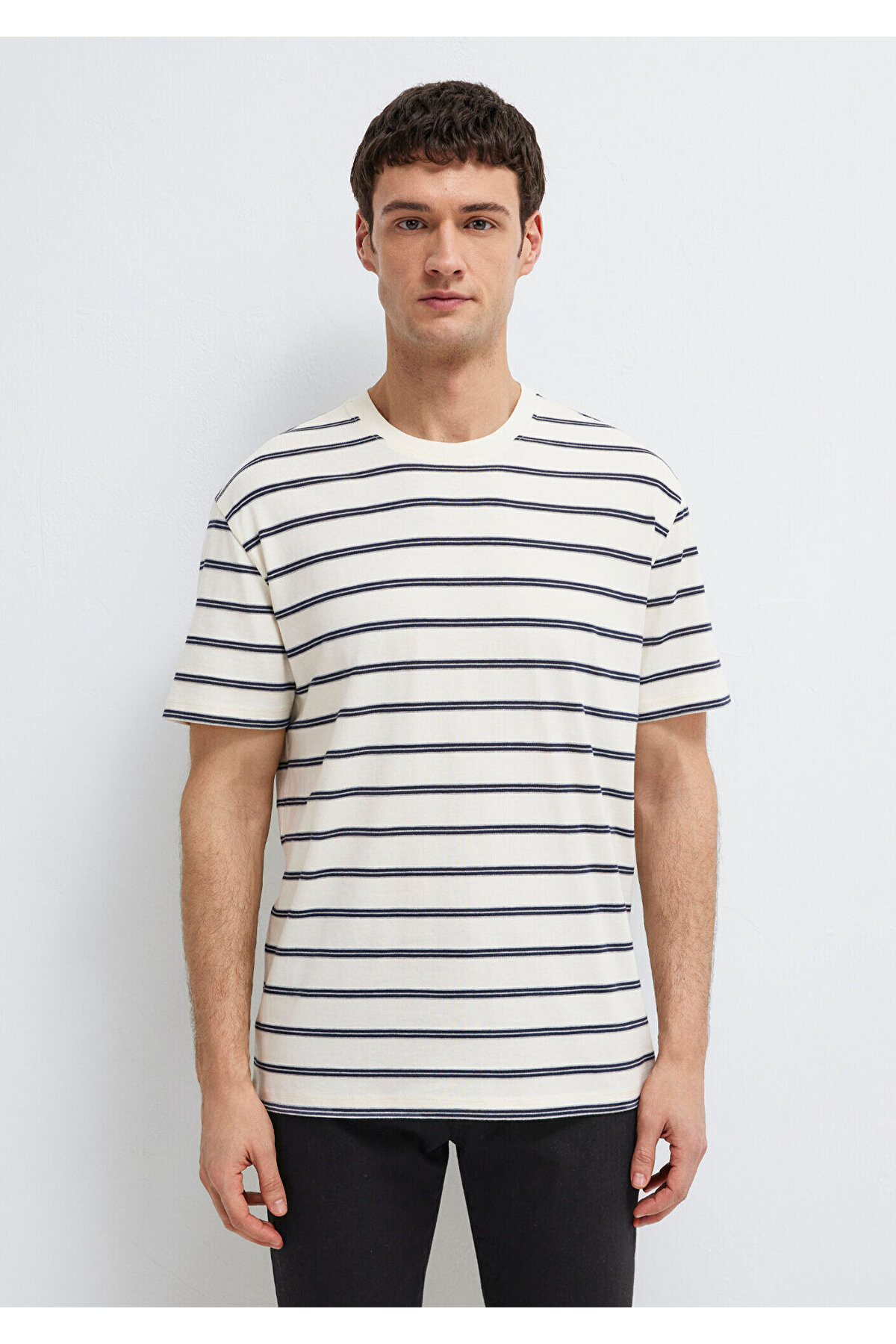Mavi Çizgili Ekru Tişört Loose Fit / Bol Rahat Kesim 0613138-70057 görsel 4