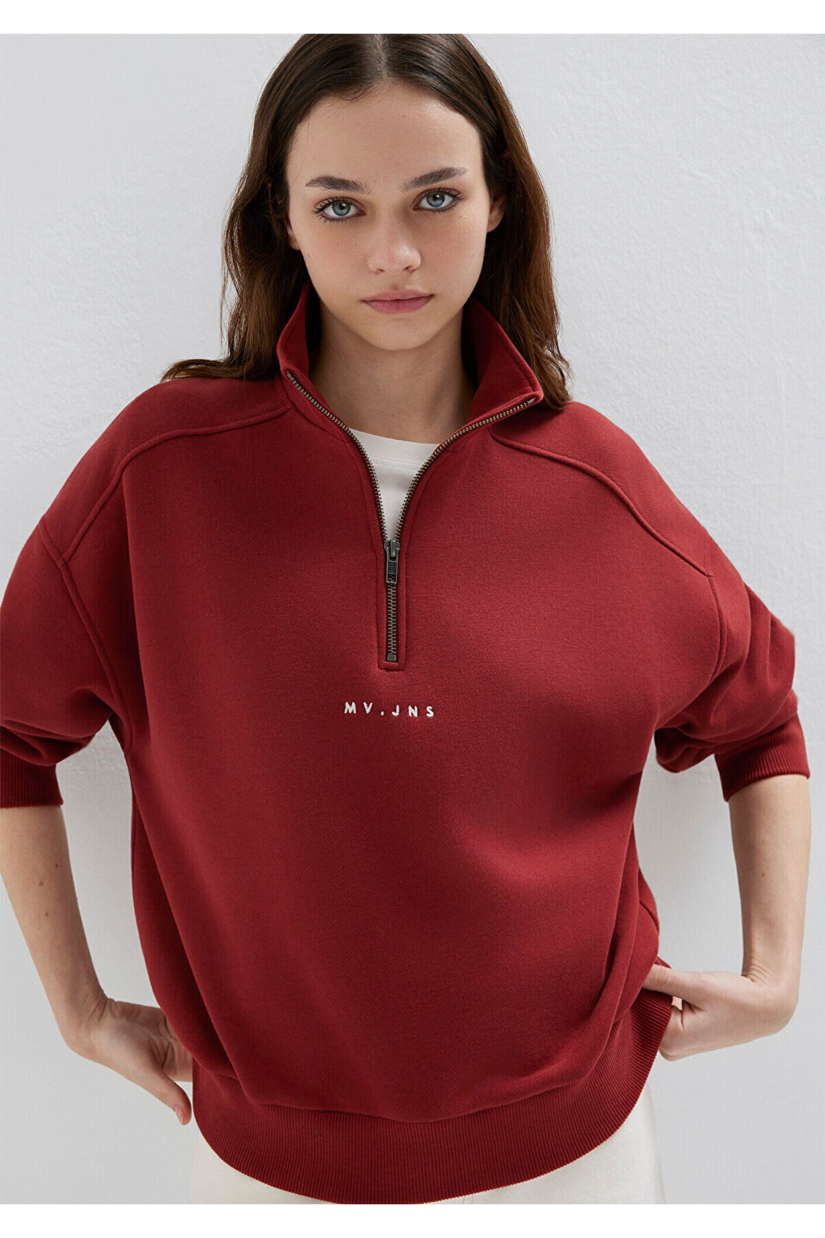 Mavi MVJNS Nakışlı Yarı Fermuarlı Bordo Sweatshirt 1S10533-70411