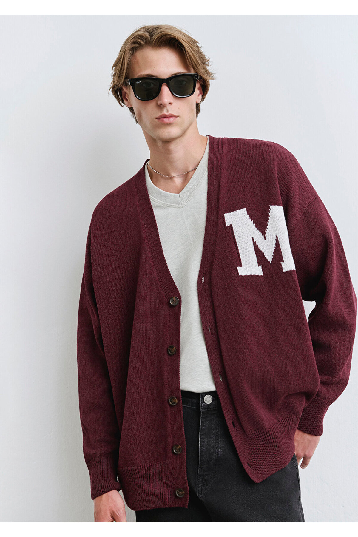 Mavi M Baskılı Bordo Hırka Oversize / Geniş Kesim 0710288-70414 görsel 4
