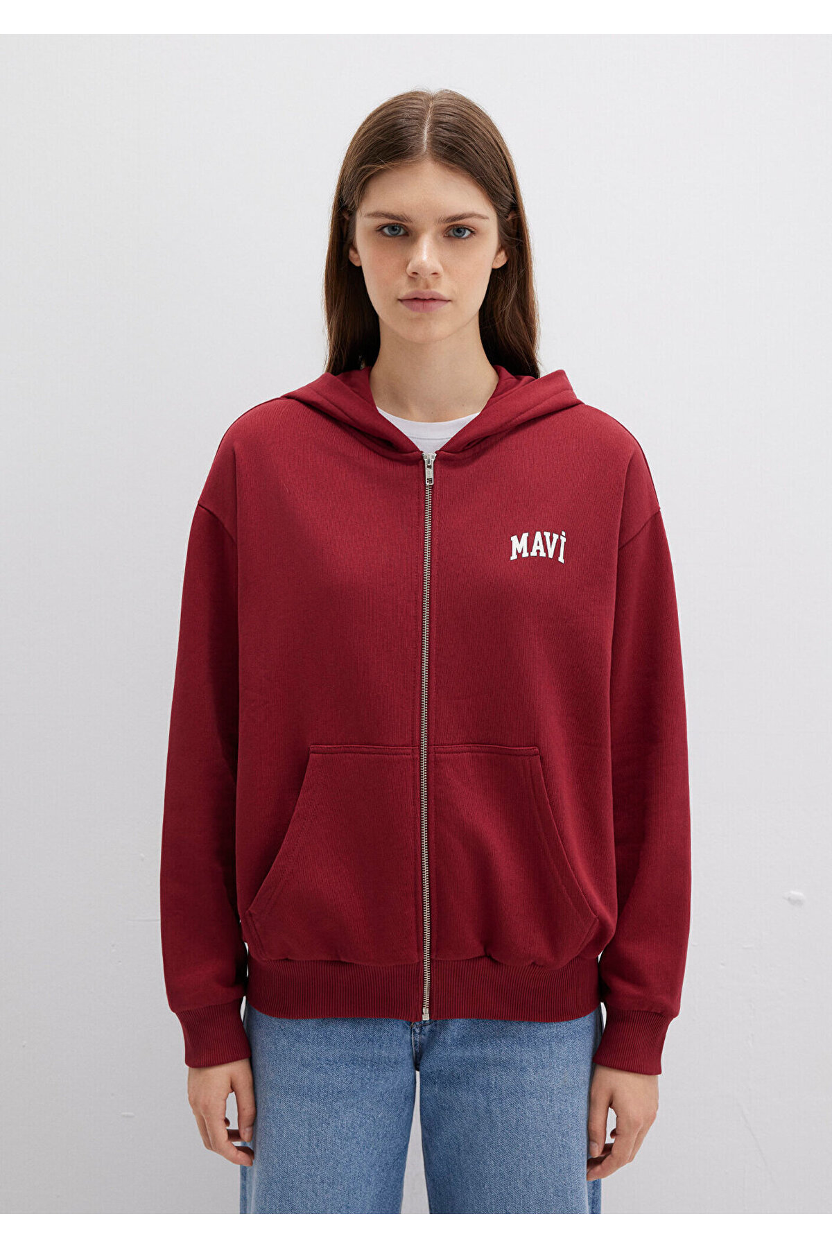 Mavi Logo Baskılı Kapüşonlu Fermuarlı Bordo Sweatshirt 1S10178-85493 görsel 3