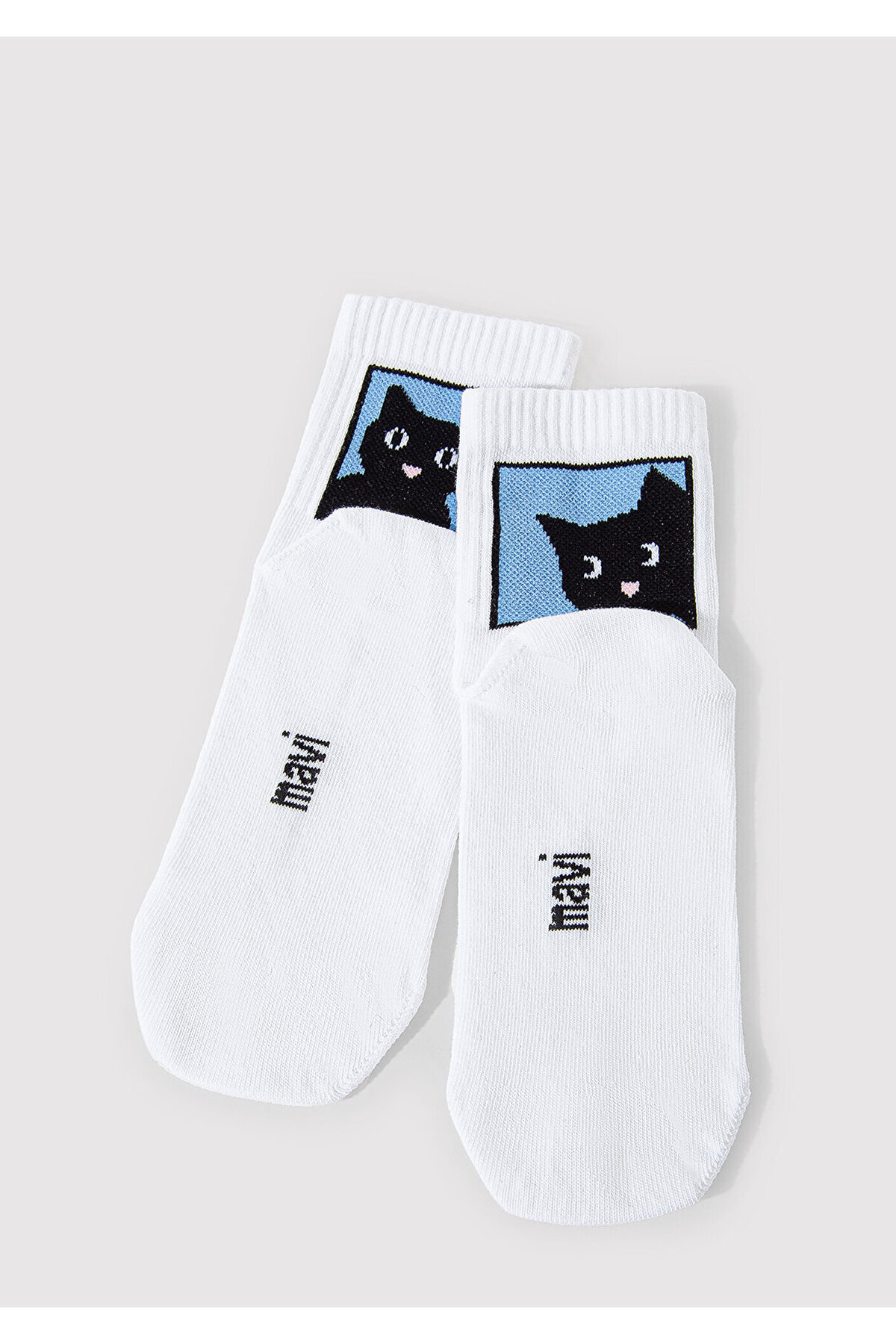 Mavi Kedi İşlemeli Beyaz Soket Çorap 1912724-70053 görsel 2