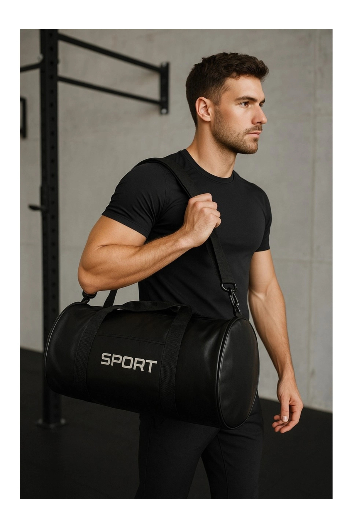 LUGMO Suni Deri Unisex Askılı Silindir Spor Çantası Fitness Çantası görsel 3