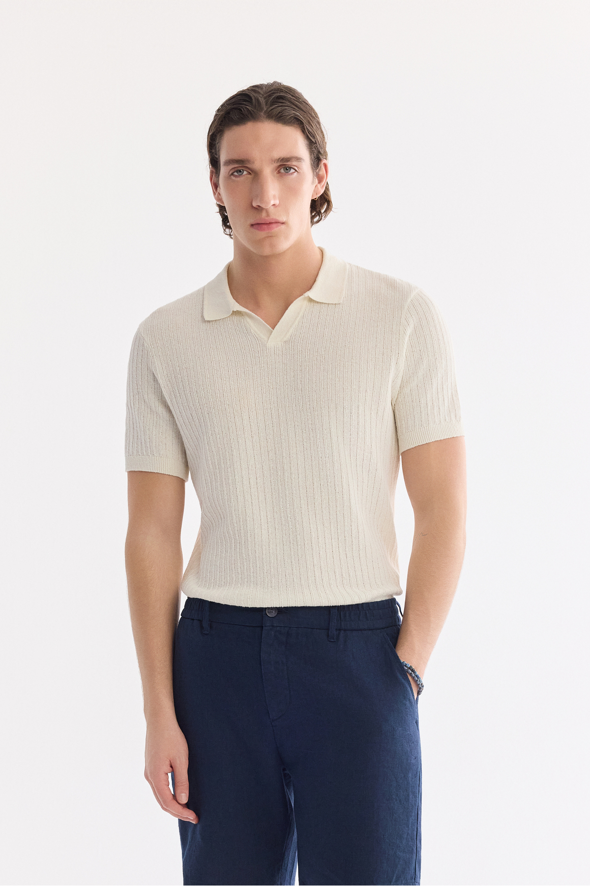 Avva Erkek Lacivert Beli Lastikli %100 Keten Relaxed Fit Şort B003732 görsel 2
