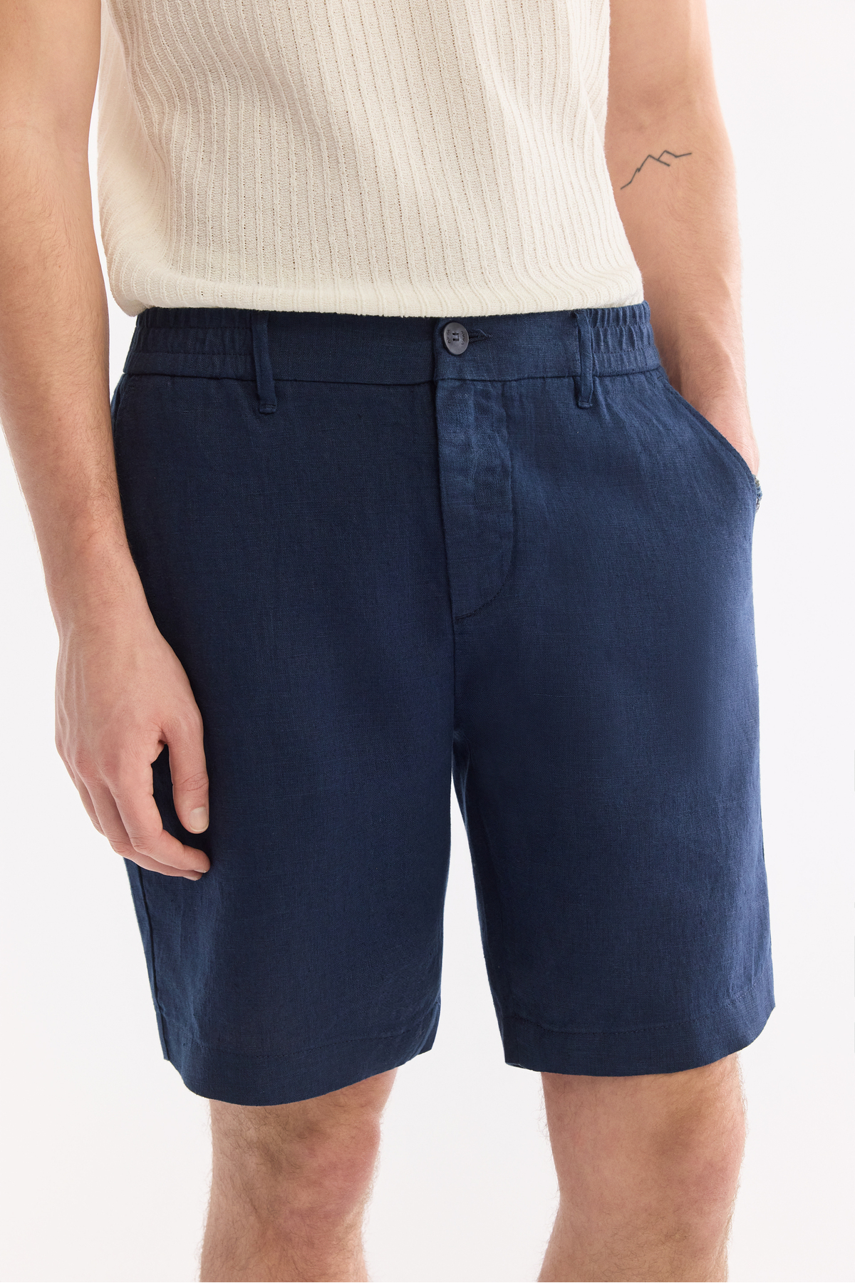 Avva Erkek Lacivert Beli Lastikli %100 Keten Relaxed Fit Şort B003732 görsel 5