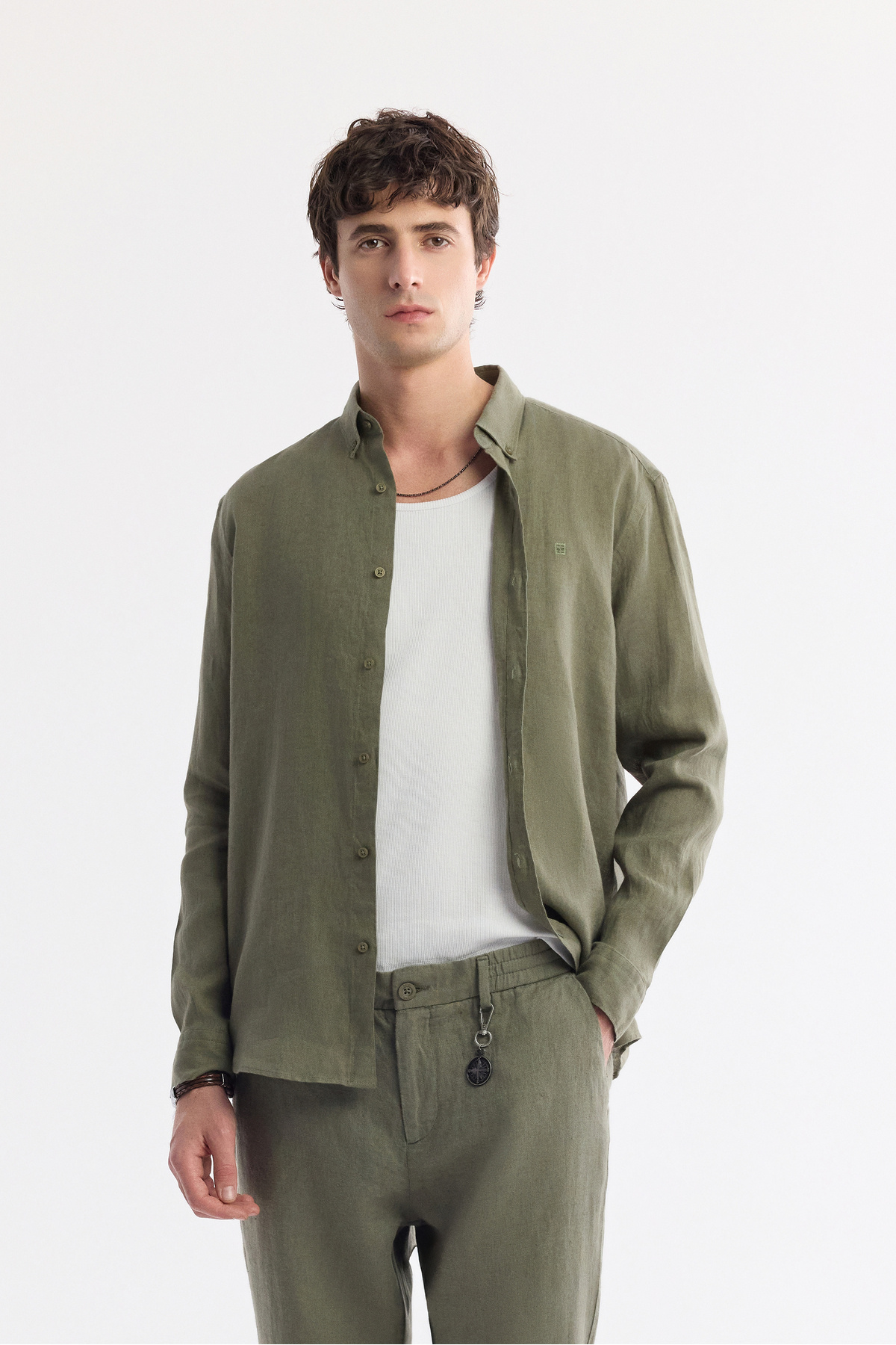 Avva Erkek Haki Beli Lastikli %100 Keten Relaxed Fit Pantolon B003032 görsel 6