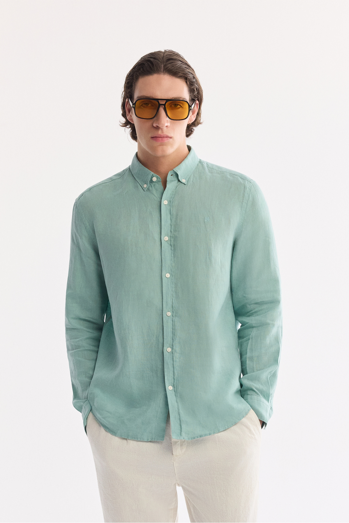 Avva Erkek Kırık Beyaz Beli Bağcıklı Keten Karışımlı Chino Relaxed Fit Pantolon B003036 görsel 4