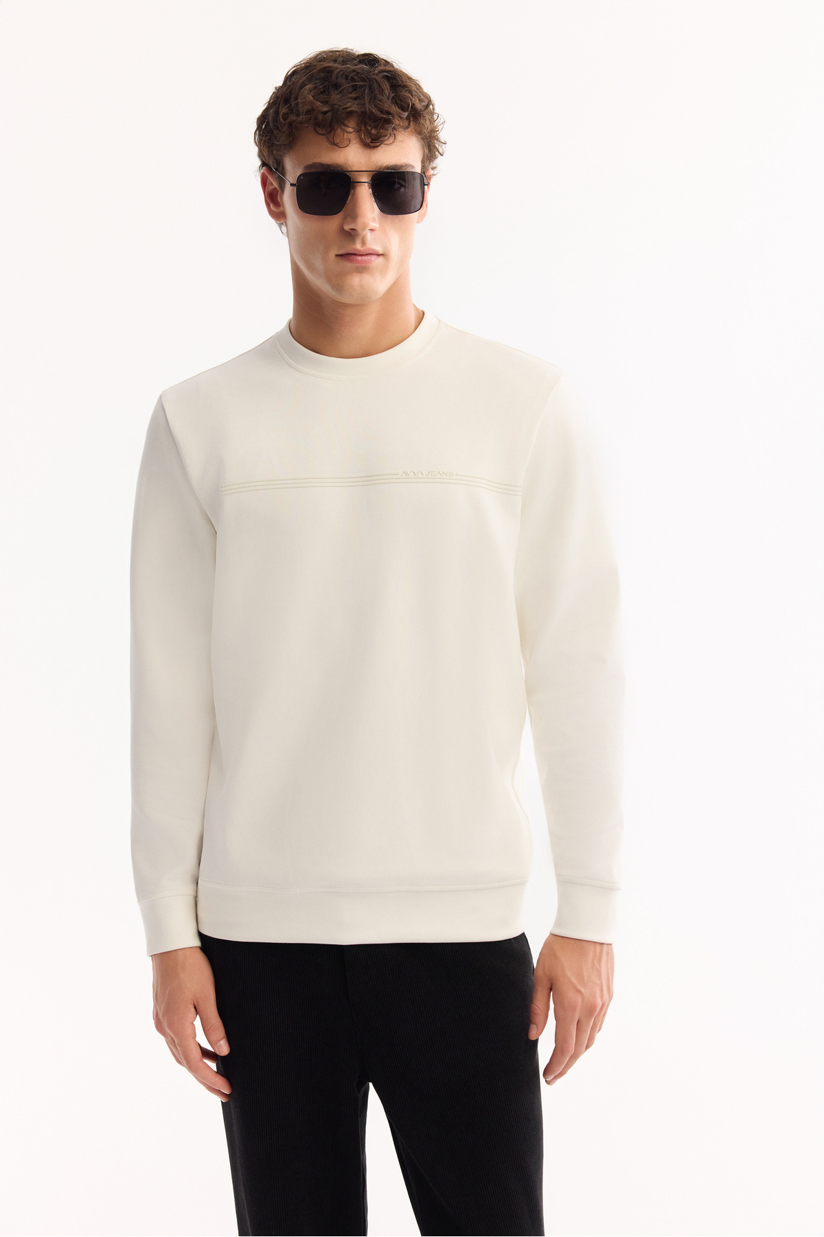 Avva Erkek Ekru Bisiklet Yaka Pamuklu Bi-Stretch Baskılı Regular Fit Sweatshirt A52Y1325 görsel 5