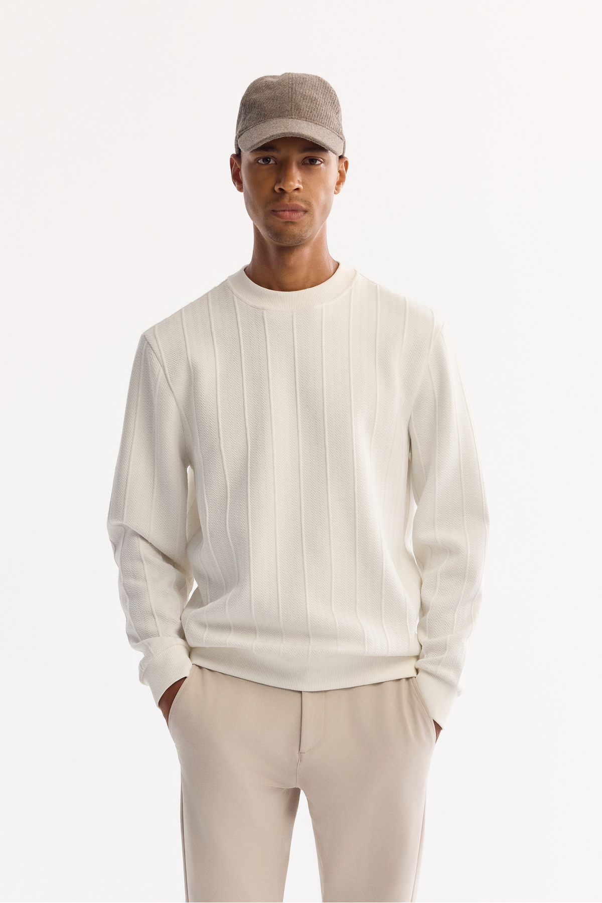 Avva Erkek Ekru Bisiklet Yaka Çizgili Elastan Regular Fit Sweatshirt A52Y1218