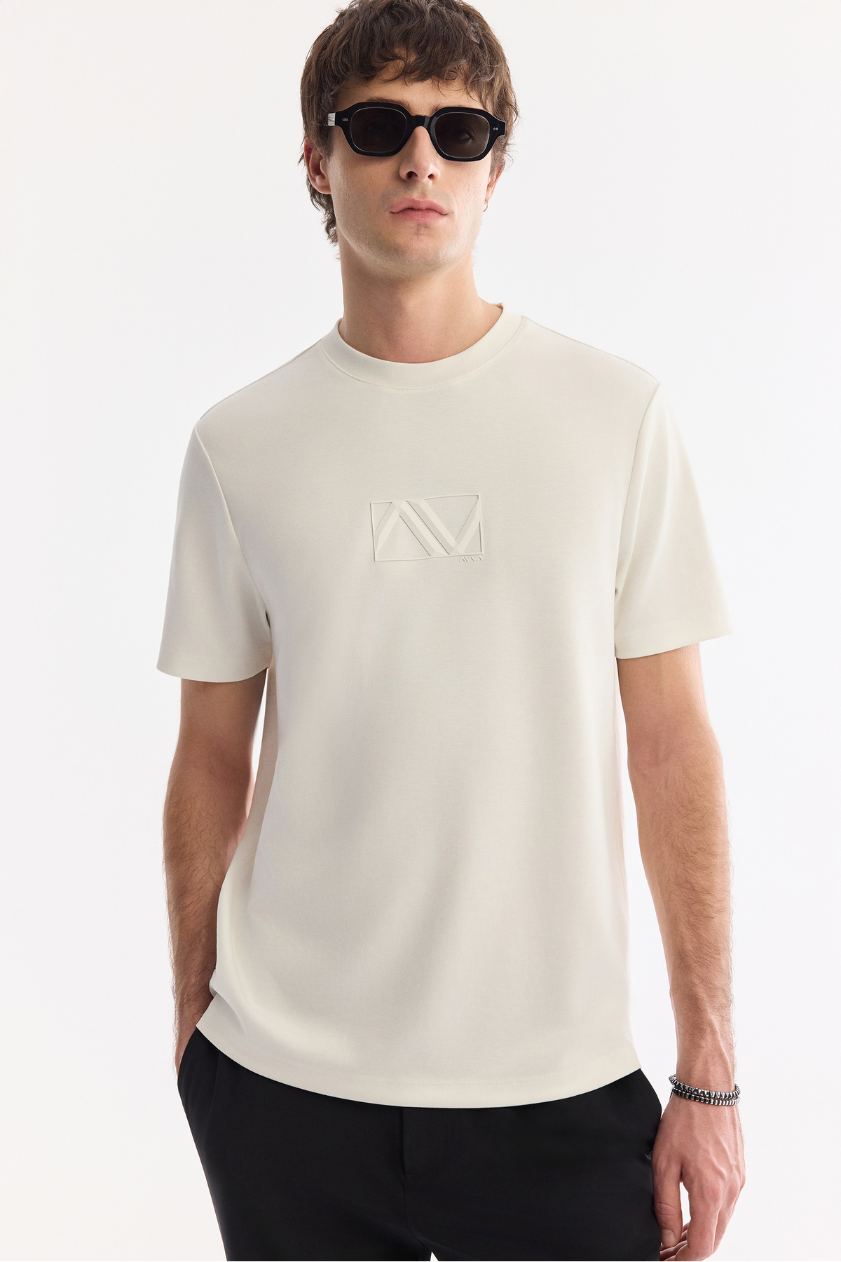 Avva Erkek Ekru Bisiklet Yaka Baskılı Bi-Stretch İnterlok Regular Fit T-shirt A61Y1054 görsel 5
