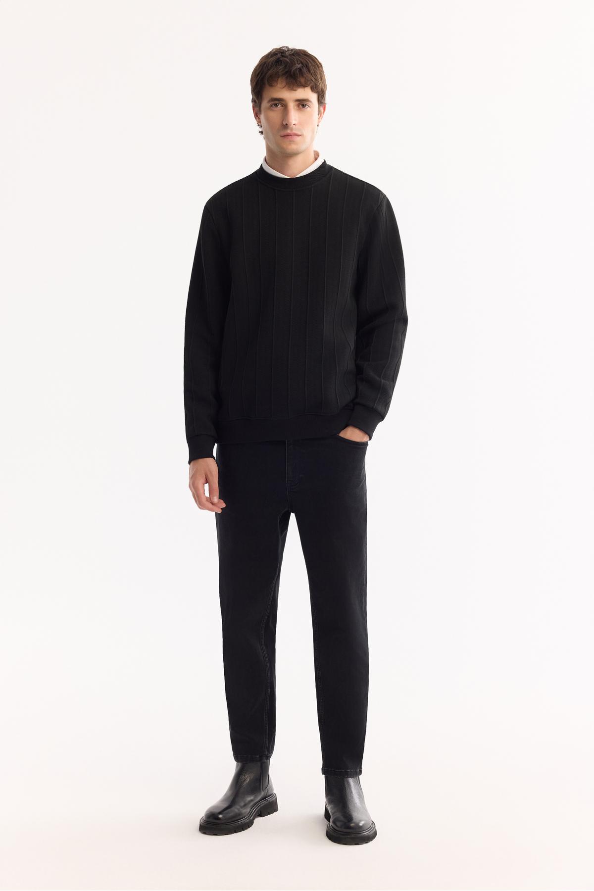 Avva Erkek Siyah Bisiklet Yaka Çizgili Elastan Regular Fit Sweatshirt A52Y1218 görsel 7