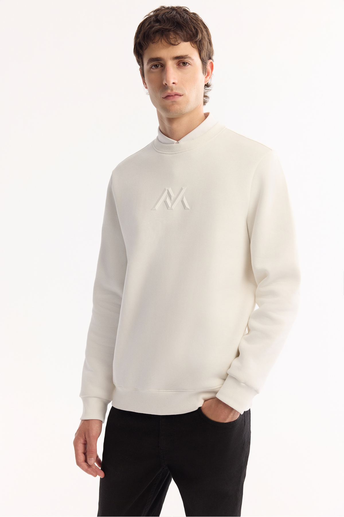 Avva Erkek Beyaz Bisiklet Yaka Pamuklu Şardonlu Baskılı Regular Fit Sweatshirt A52Y1327 görsel 5