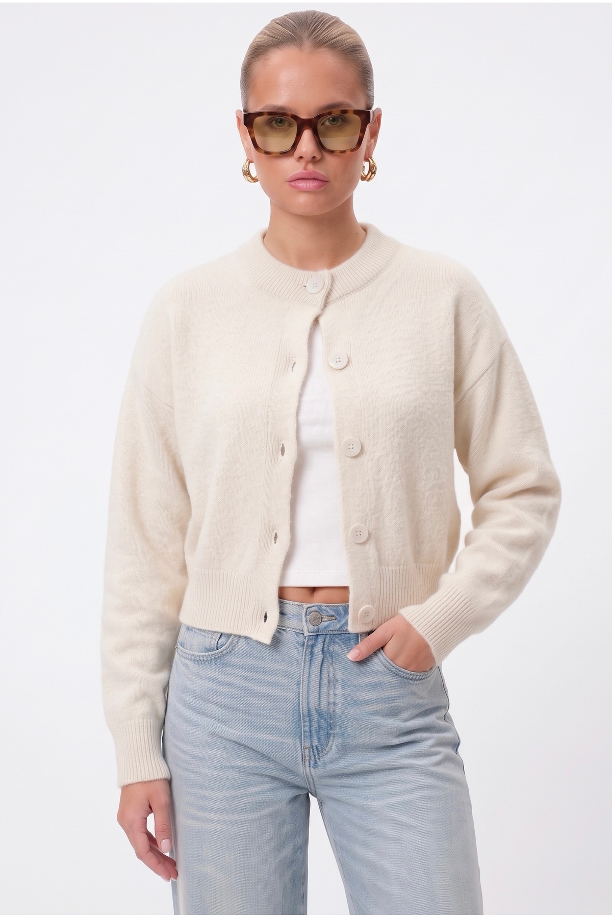 Ritnice Kadın Tilia Crop Krem Yumuşak Dokulu Hırka