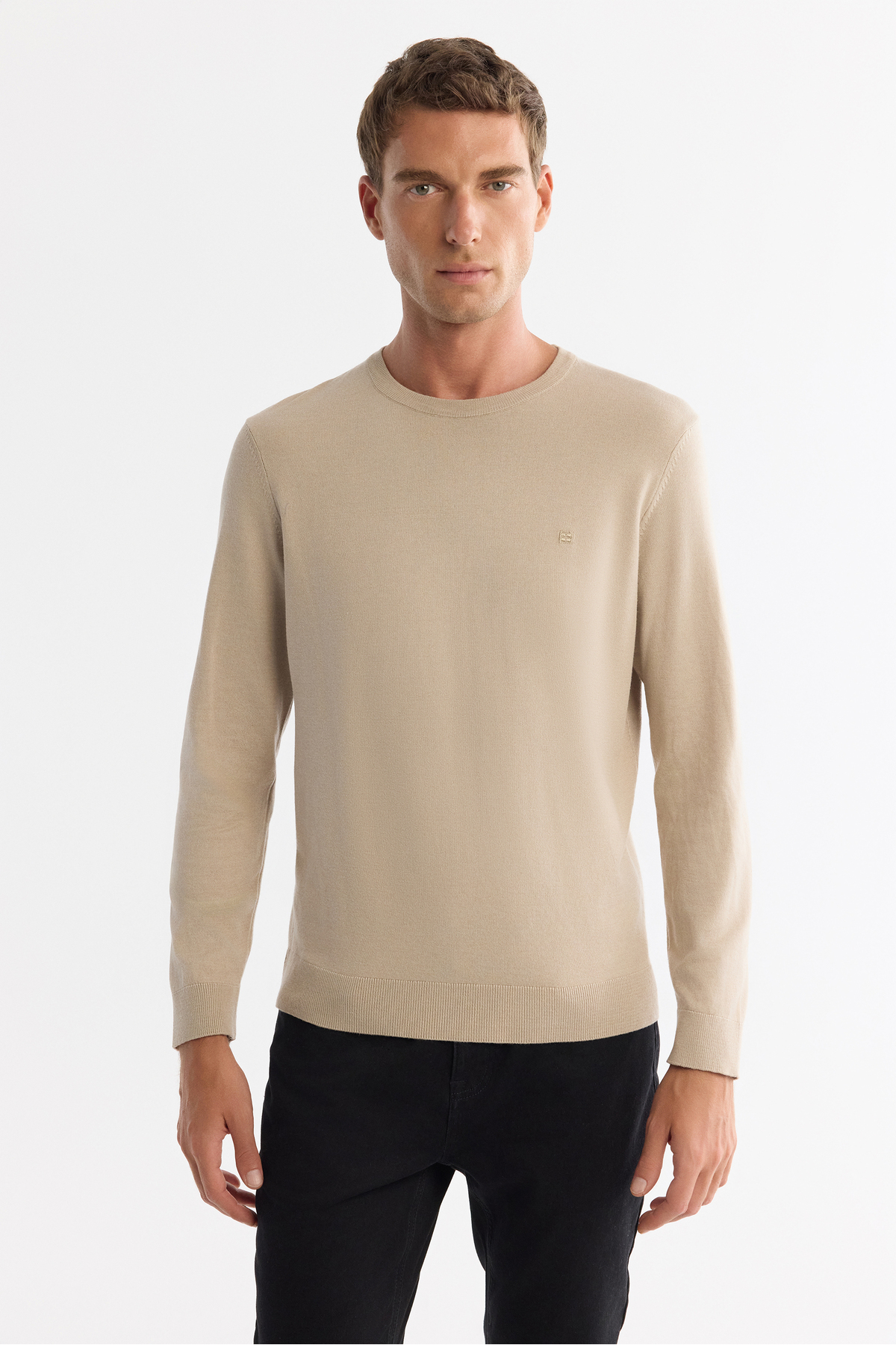 Avva Erkek Bej Viskon Bisiklet Yaka Triko Regular Fit Kazak B005132 görsel 4