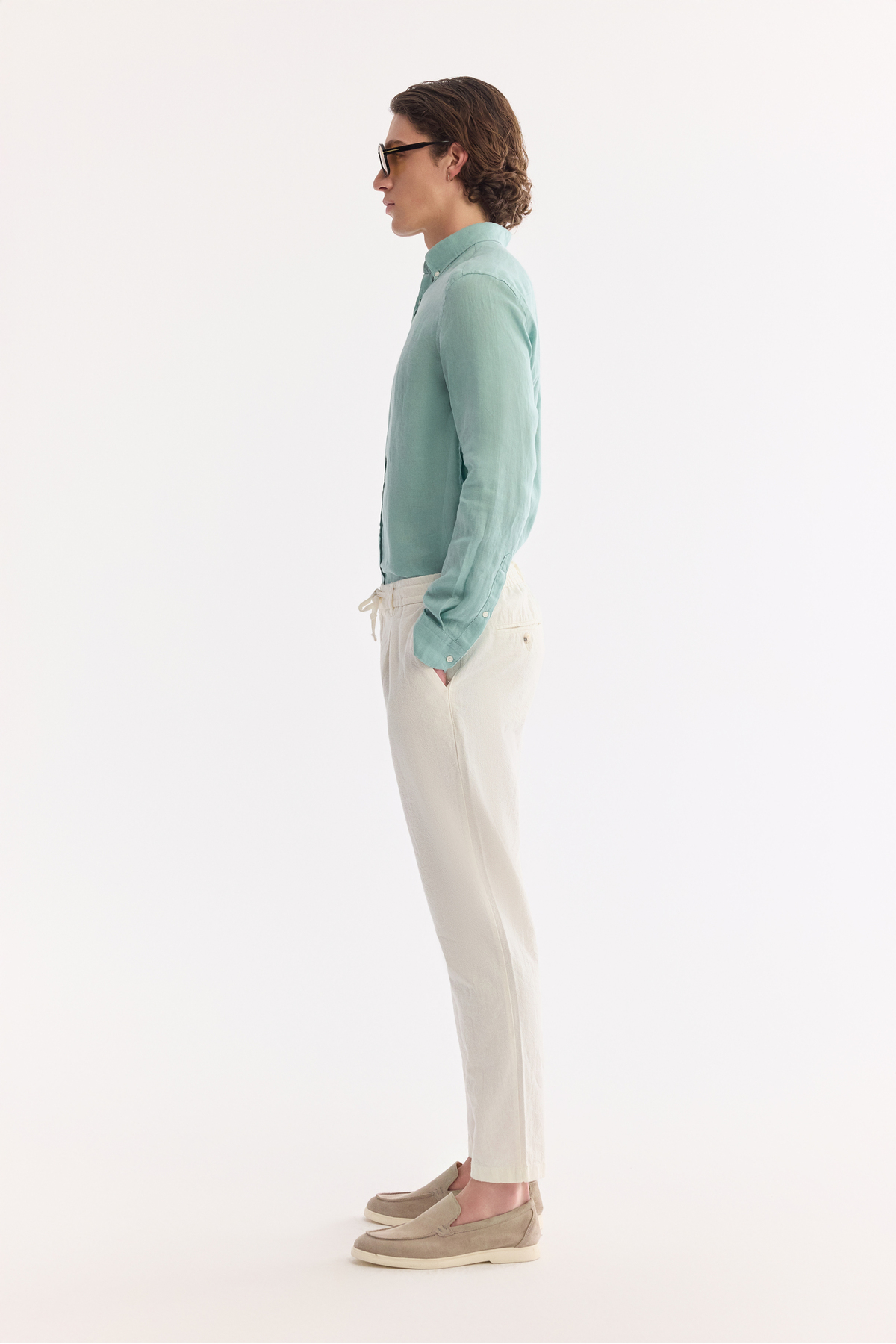 Avva Erkek Kırık Beyaz Beli Bağcıklı Keten Karışımlı Chino Relaxed Fit Pantolon B003036 görsel 5
