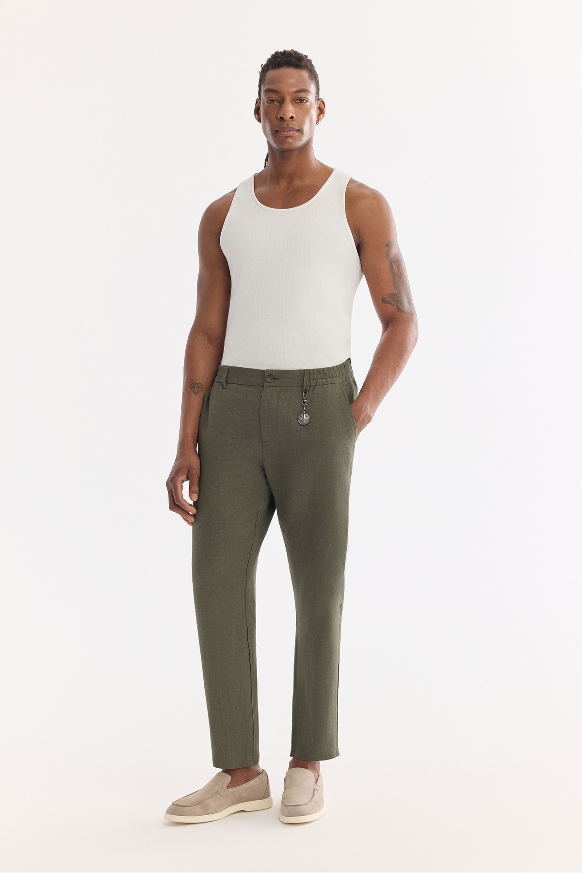 Avva Erkek Haki Beli Lastikli %100 Keten Relaxed Fit Pantolon B003032 görsel 8