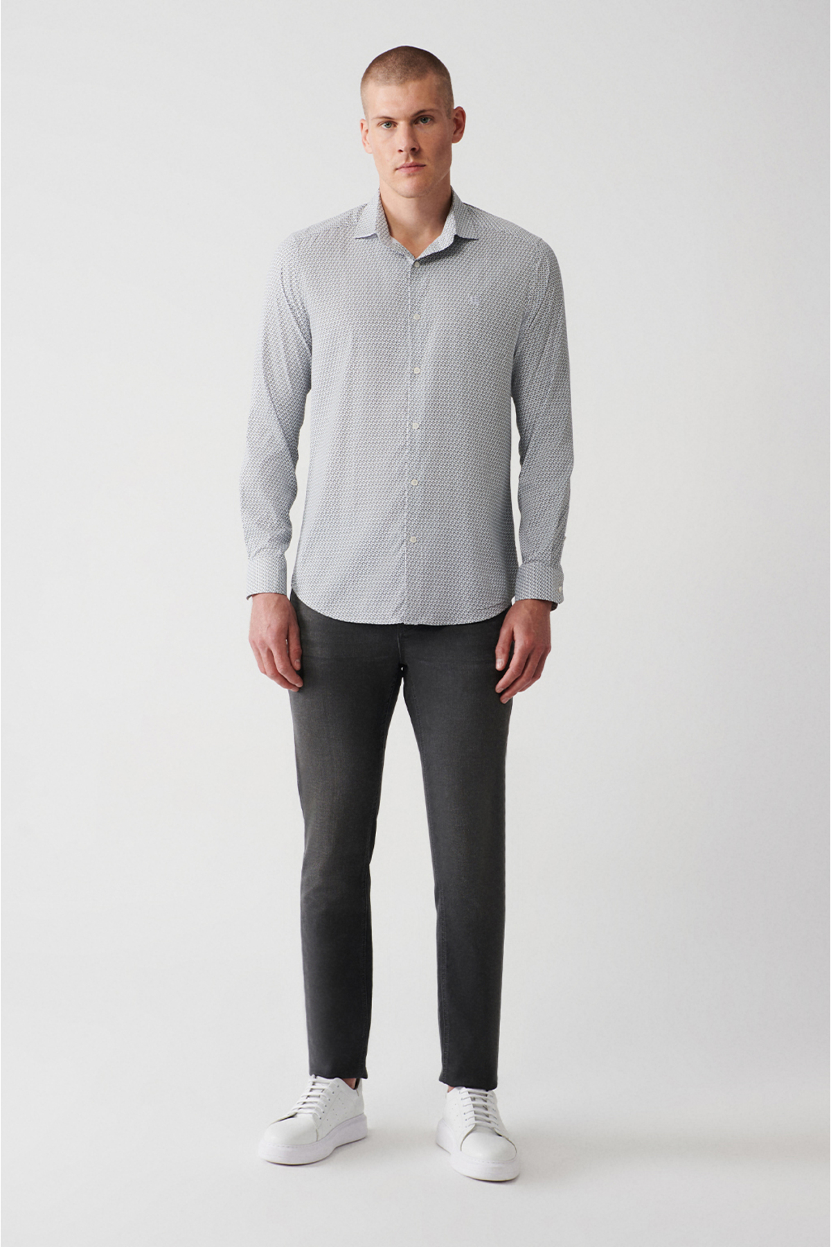 Avva Erkek Gri Klasik Yaka Geometrik Baskılı Travel Slim Fit Gömlek A32Y2109 görsel 5
