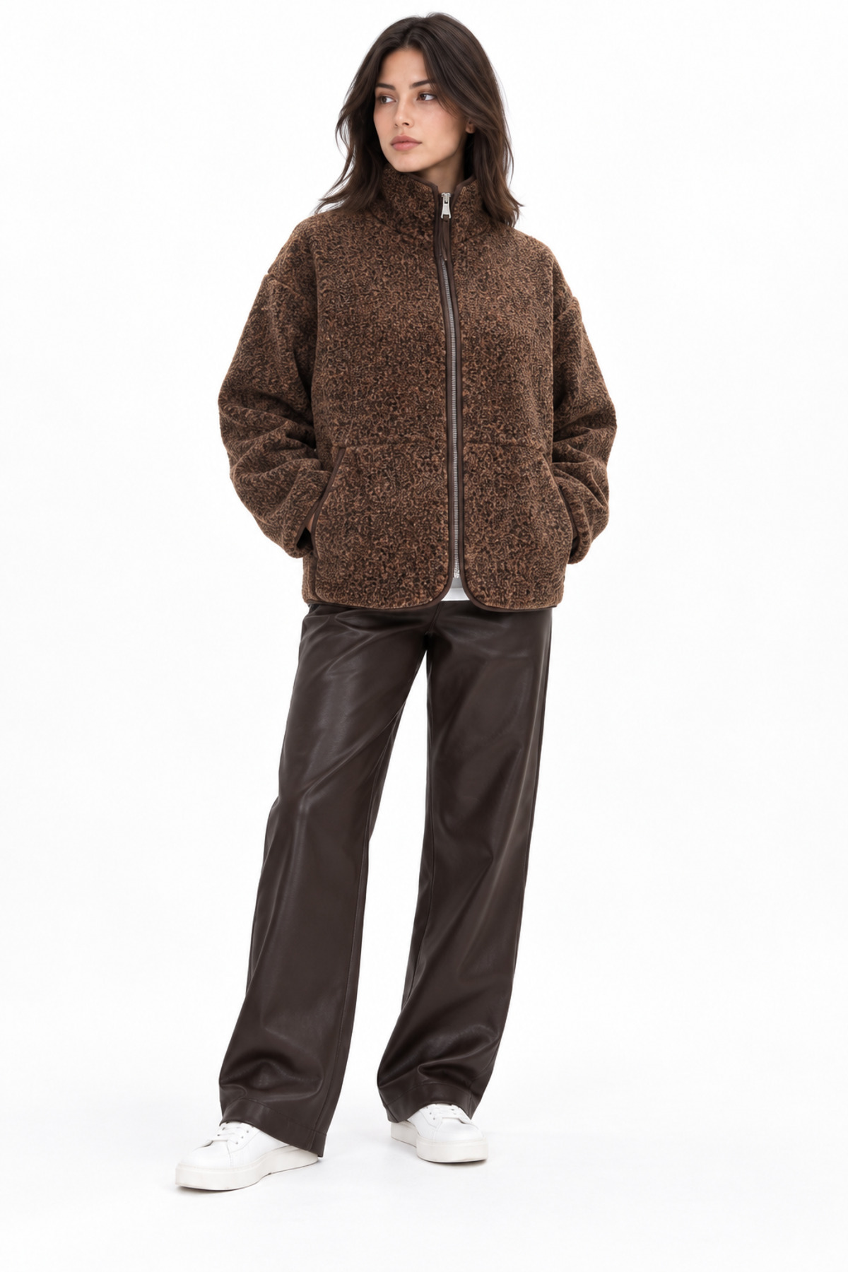 Mixray 4984 Kadın Fermuarlı Önden Cepli Yumuşak Dokulu Dik Yaka Polar Sweatshirt Kahve görsel 3