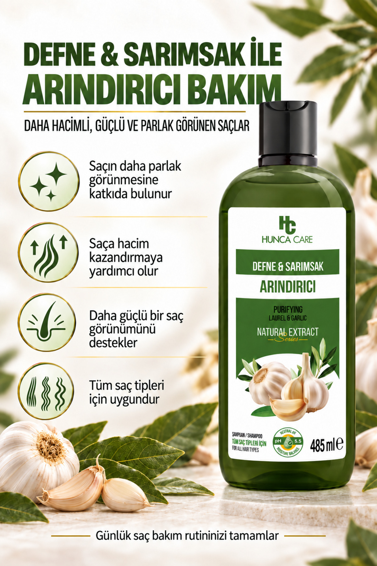 Defne Ve Sarımsaklı Şampuan, Saç Dökülmesine Karşı Yardımcı 485 ml 4lü Set — defnex4 — تصویر 2 از 5