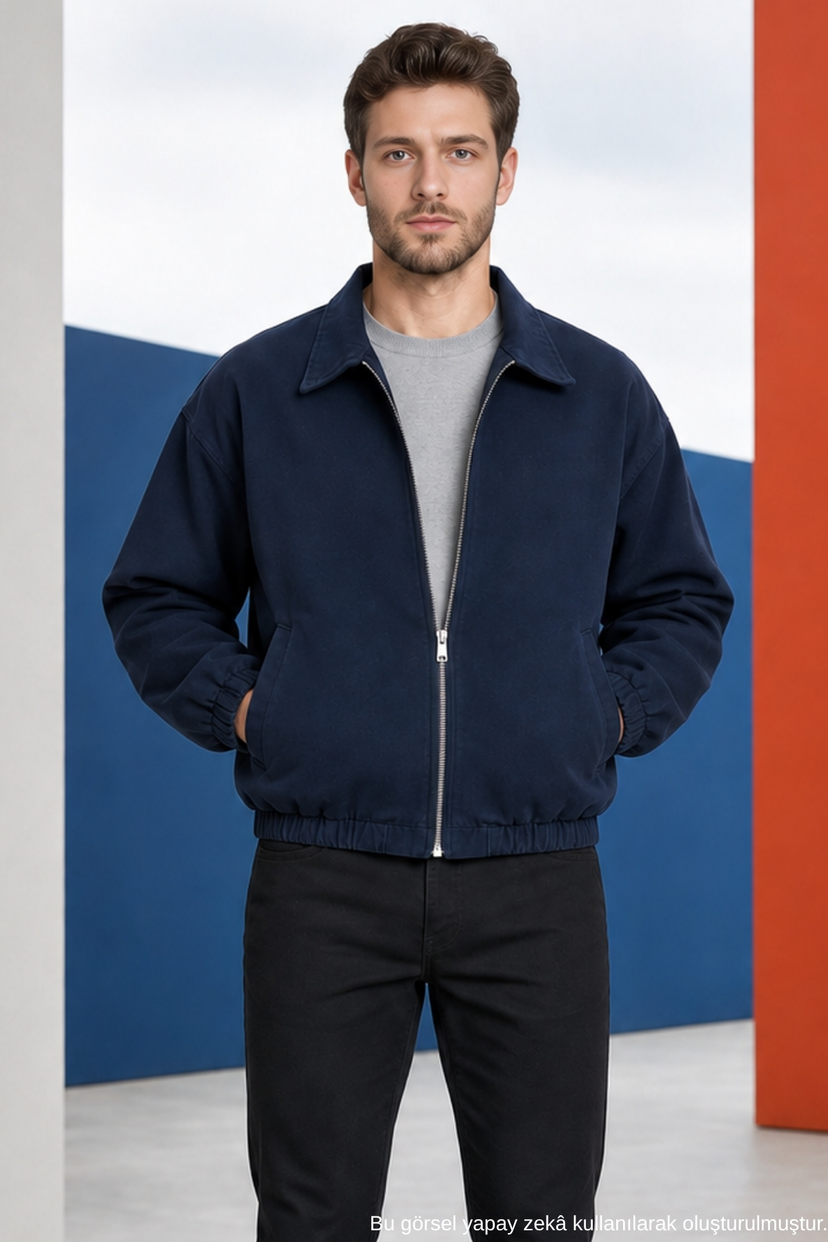 Freemen Erkek Basic Gabardin Kumaş Fermuarlı Oversize Mevsimlik Polo Yaka Lacivert Ceket görsel 3