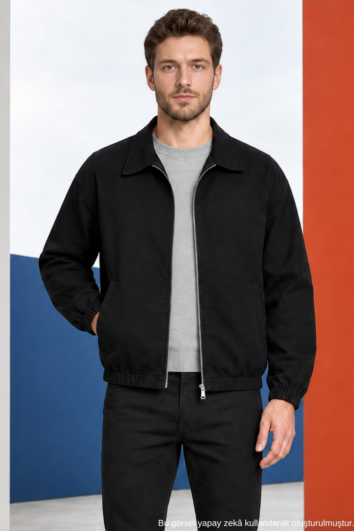 Freemen Erkek Basic Gabardin Kumaş Fermuarlı Oversize Mevsimlik Polo Yaka Siyah Ceket görsel 3
