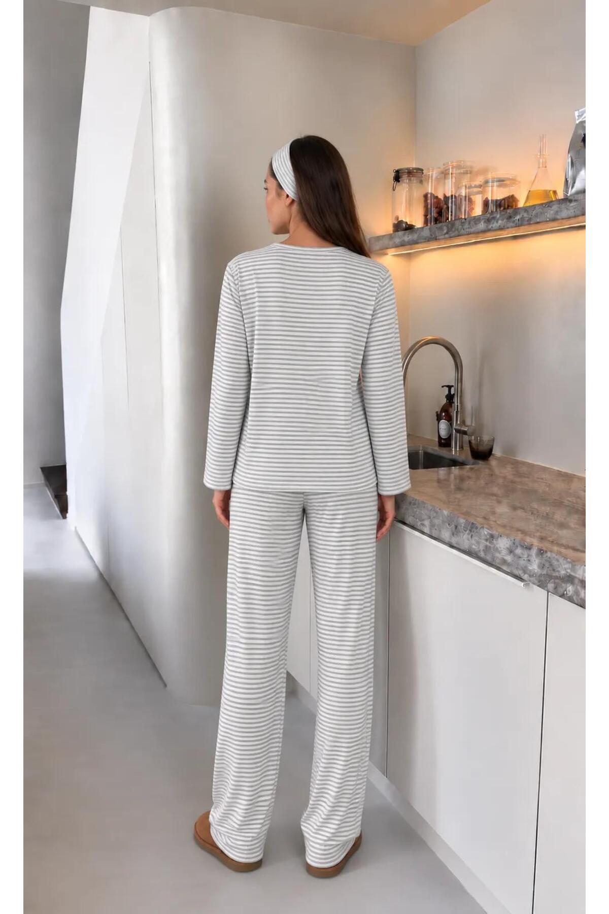 ÖZ PAMUK Kadın Uzun Kollu Desenli Raporlu Kumaş SOFT Pijama Takımı, Rahat Kesim Bisiklet Yaka Alt Üst Takım görsel 3