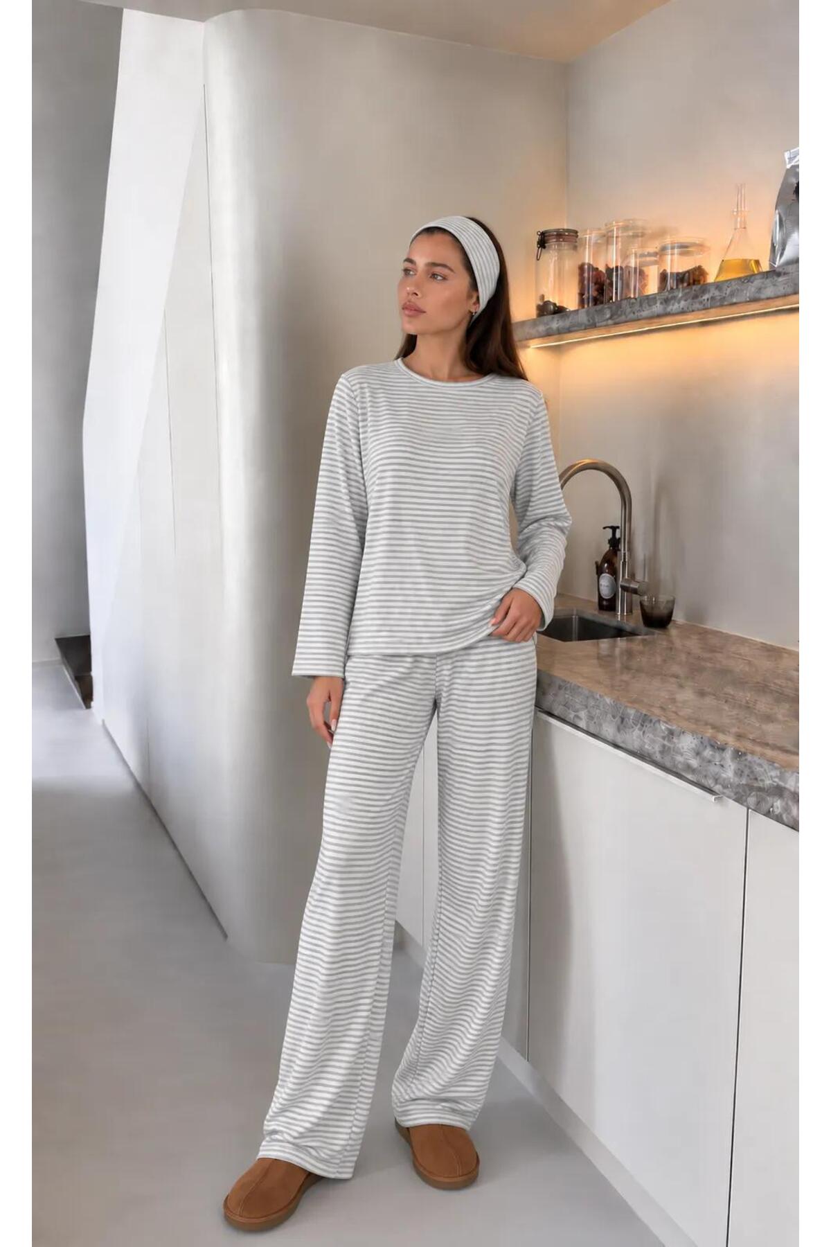 ÖZ PAMUK Kadın Uzun Kollu Desenli Raporlu Kumaş SOFT Pijama Takımı, Rahat Kesim Bisiklet Yaka Alt Üst Takım görsel 2