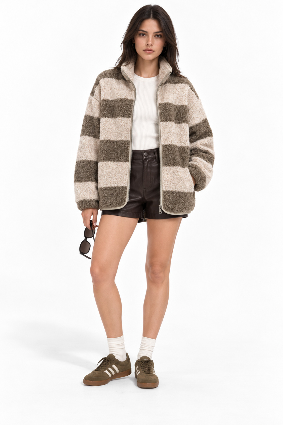 Mixray 4981 Kadın Kahve Çizgili Cepli Yumuşak Dokulu Polar Sweatshirt görsel 4